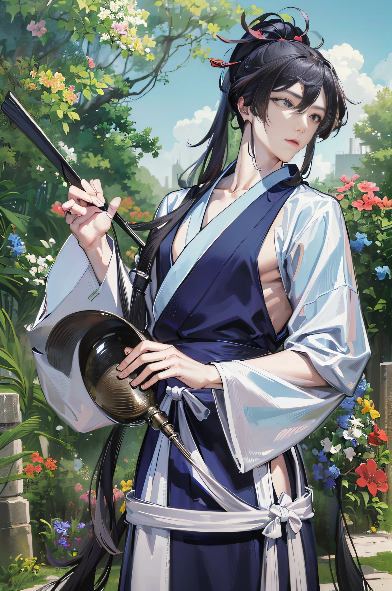 Masterpiece, Superb Style, Two Men, Chinese Style, Ancient Chinese, Black Hair, Gray and Blue Eyes, Split Hair, Long Hair, Long Bangs, High Ponytail, Handsome, Masculine, Gentle, Tall, Quiet, Cyan Robe, Outdoor, Wind Comfort, Young Man, Sad, Posture, (Hanfu, Ming Style), (Ming Architectural Background)