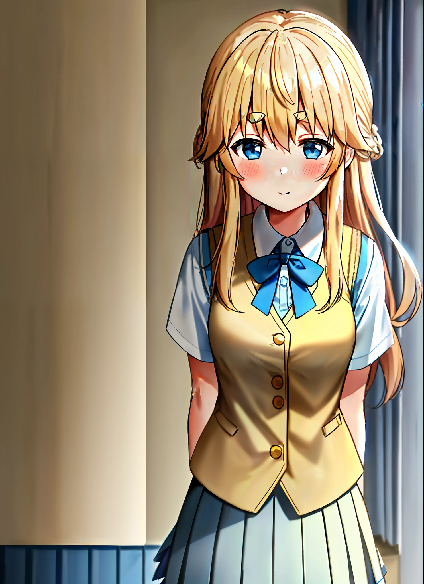 ((Tsumugi Kotobuki lies in bed)), (((blue eyes)), (((blue eyes))), (((long blond hair))), (((thick blond eyebrows))), (curved eyebrows), (happy) (a light steel blue skirt), (((beige))) vest, (((beige vest with narrow blue ribbon))), ((white short-sleeved shirt under beige vest)), (shy: 1.4), 1girl, blush, embarrassed, looking_at_viewer, medium_breasts, (a light steel blue pleated skirt), pleated_skirt, school_uniform, skirt, solo, cute, moe, kyoto animation