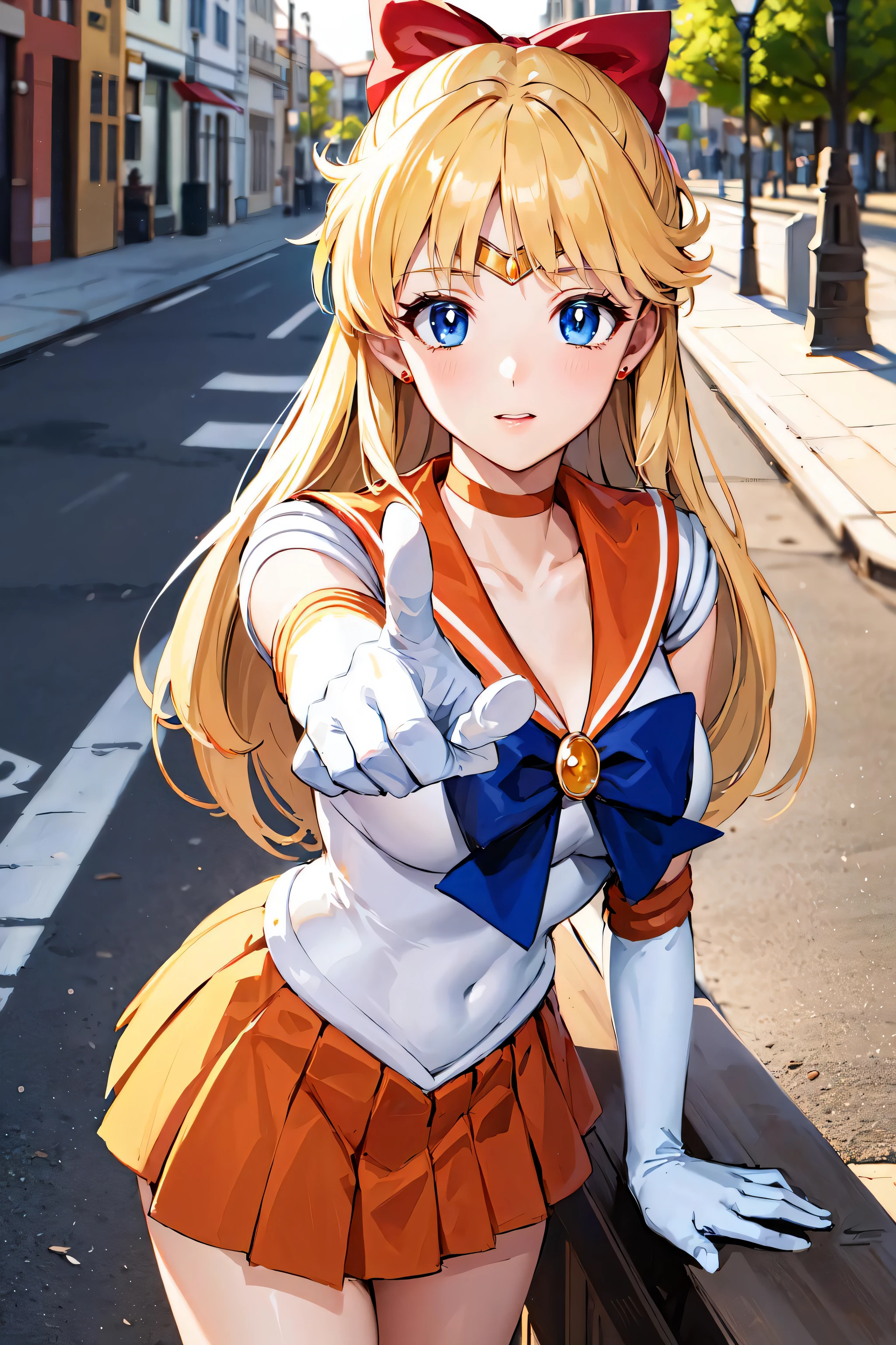 masterpiece, best quality, highres, sv1, sailor senshi uniform, orange skirt, elbow gloves, tiara, pleated skirt, miniskirt, red bow, orange choker, white gloves, jewelry, outdoors, street, cowboy shot, leaning forward, pointing at viewer,