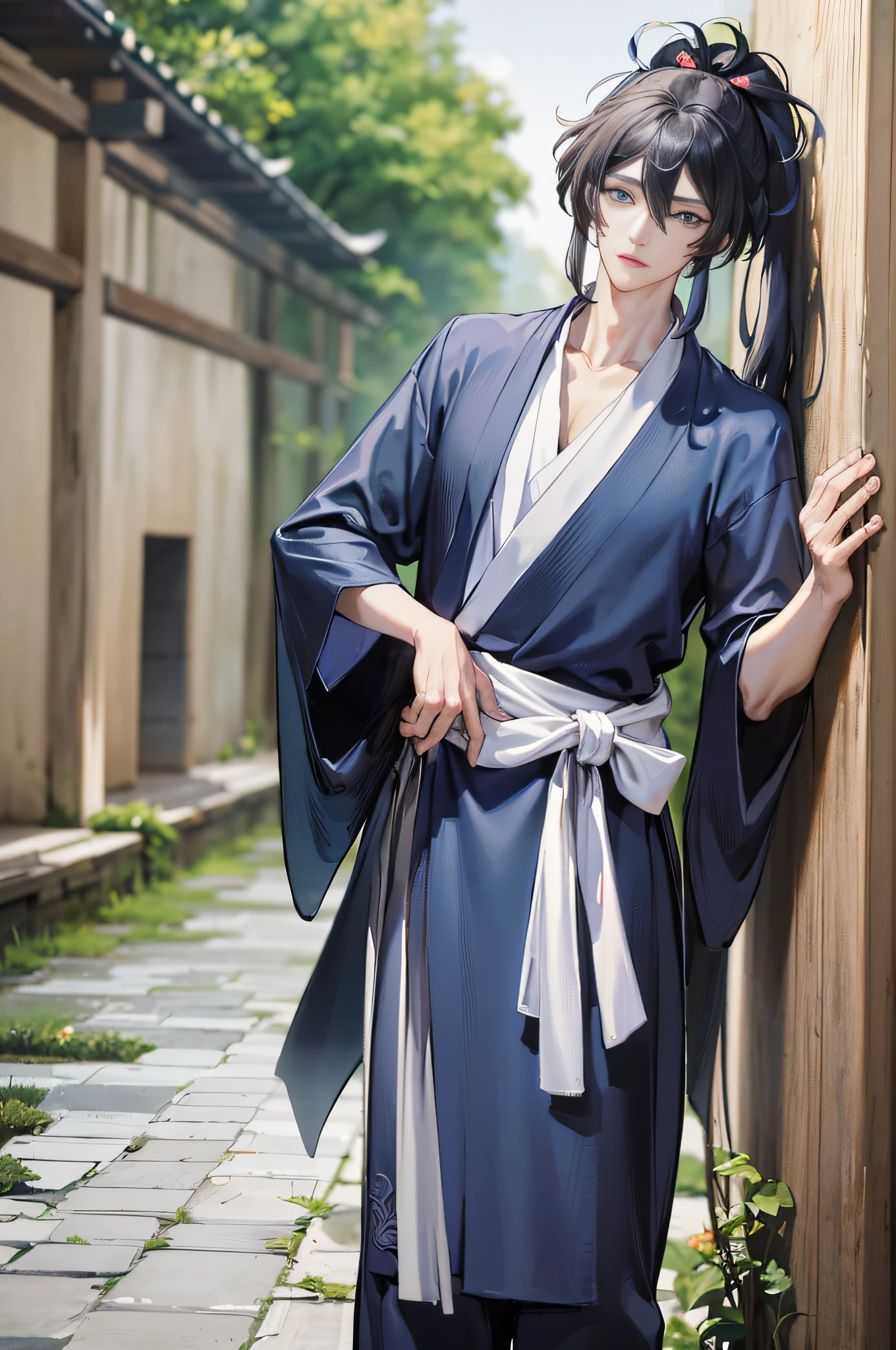 Masterpiece, Superb Style, Two Men, Chinese Style, Ancient Chinese, Black Hair, Gray and Blue Eyes, Split Hair, Long Hair, Long Bangs, High Ponytail, Handsome, Masculine, Gentle, Tall, Quiet, Cyan Robe, Outdoor, Wind Comfort, Young Man, Sad, Posture, (Hanfu, Ming Style), (Ming Architectural Background)