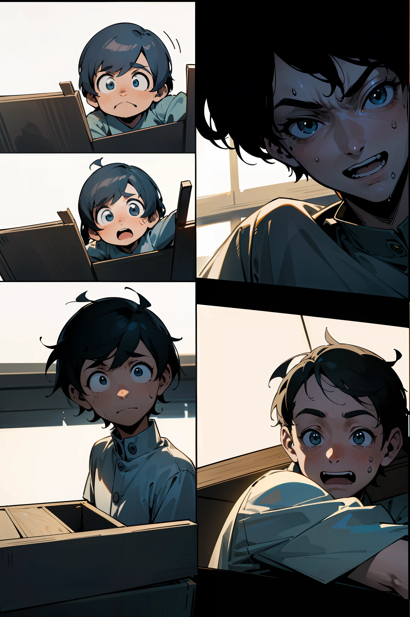 A comic page, six panels, 1 character, in first panel he has a inquisitive expression, in the second panel he is smiling, the third panel is a box with hands lifting off the top, in the fourth panel he has a shocked expression, in the fifth panel he wet and has an angry expression, in the sixth panel he is laughing