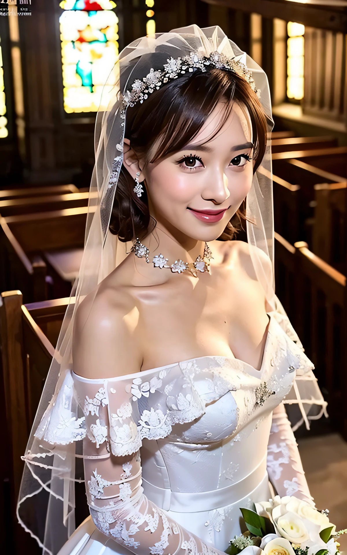 (Top Quality, 8k, 32k, Masterpiece, UHD: 1.2), Dainty Japan Woman Pictures, 1 Young Girl, (Medium-Short Dark Brown Hair), Double Eyelids, (Big: 1.2), Sexy, ((Revealing Wedding Dress, Wedding Veil)), (Deep Slit: 1.2), (Smile: 1.1), (Overhead Shot), Off-shoulder, ((in church)), valley