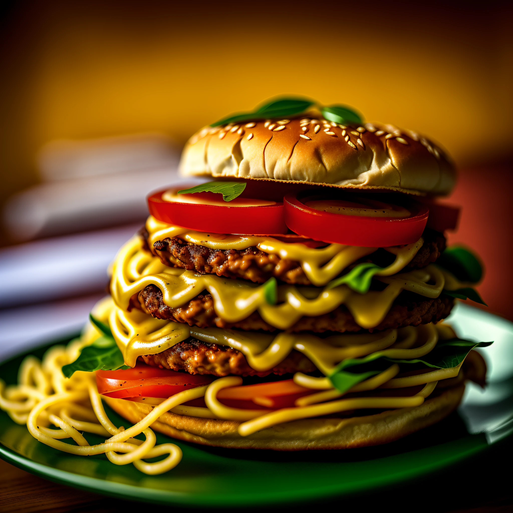 (product photography), photorealistic cheeseburger in diner, intricate details, sharp focus:1.2, incredibly realistic, award winning photograph, on top of spaghetti