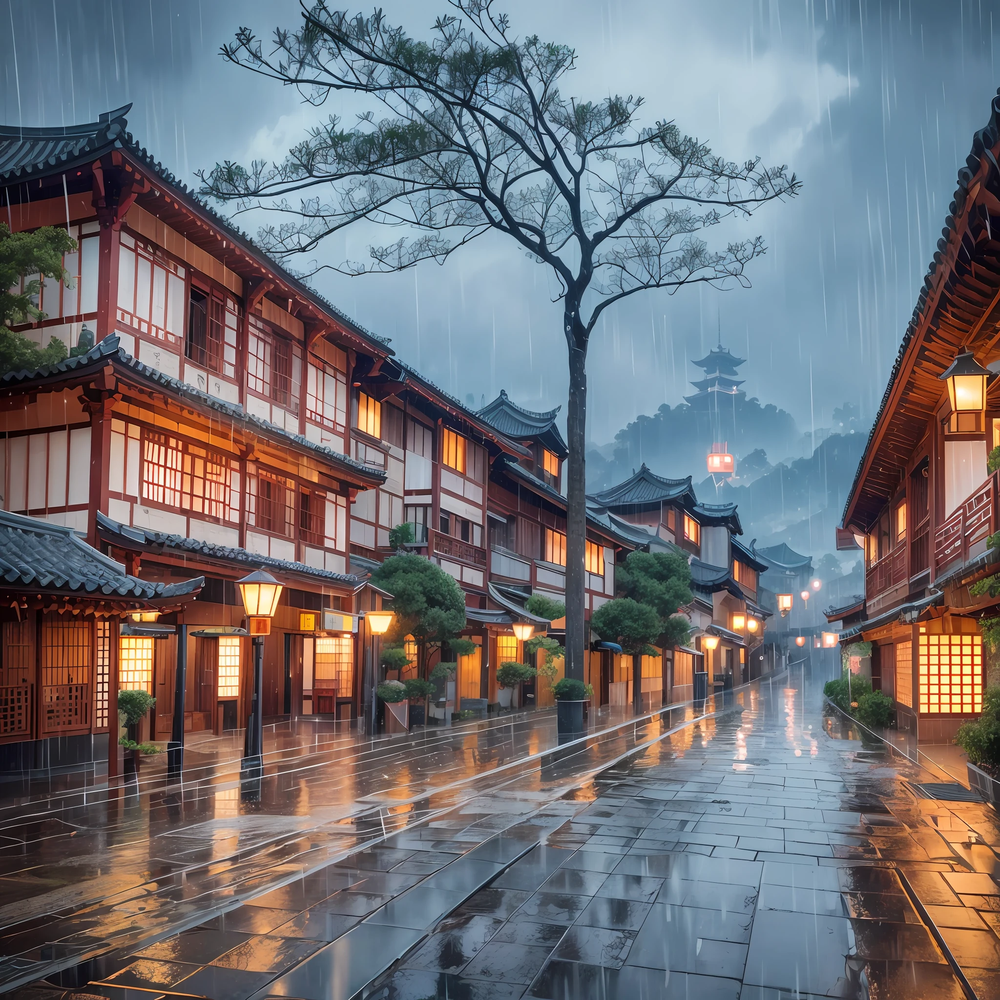 arafed view of a village, lots of lights on buildings, fantastic chinese town, chinese village, amazing wallpaper, japanese town, japanese village, surreal photo of a small town, old asian village, japanese city, raymond han, rainy night, beautifully illuminated building, evening in the rain, beautiful and aesthetic, photography, film, 8k, high detail ((heavy rain))) --auto --s2