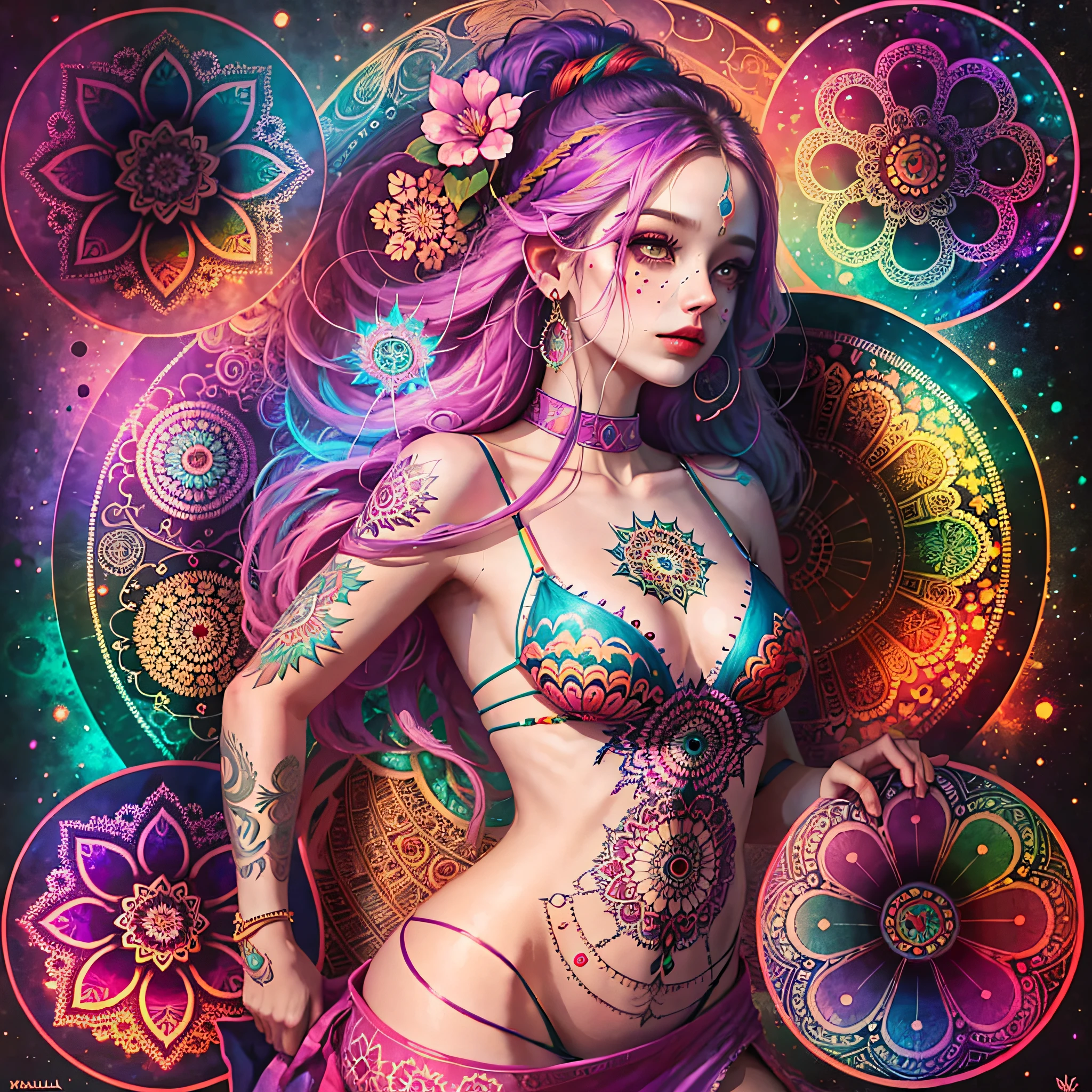 woman's body with, saturated colors, psychedelic image, LSD, mandala, fractral, fantasy, tattoo --auto --s2