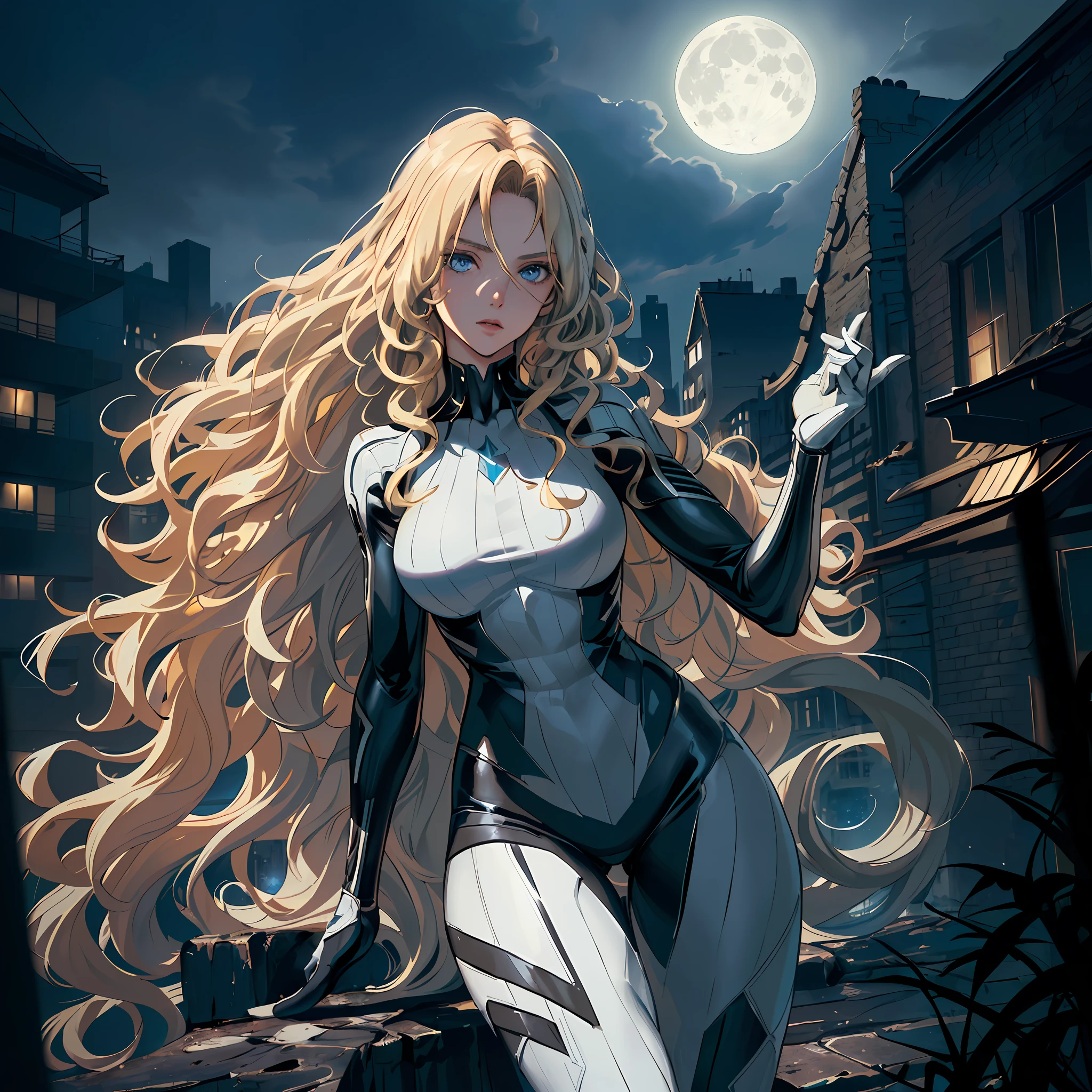 (Masterpiece, 8k resolution, ultra-realistic, very detailed), (white superhero theme, charismatic, there's a girl on top of town, wearing Absolute Comics white widow costume, she's a superhero), [ ((25 years), (long wavy blonde hair:1.4), full body, (blue eyes:1.2), ((black widow pose, show of strength, jump from one building to another), ((sandy urban environment):0.8)| (cityscape, at night, dynamic lights), (full moon))] # Explanation: The Prompt mainly describes a 4K painting of ultra-high definition, very realistic, very detailed. It shows a superheroine at the top of the city, wearing a white widow costume from Absolute Comics The theme in the painting is a white superhero theme, the female protagonist has long wavy blonde hair is 25 years old and her entire body is shown in the painting. In terms of portraying the actions of superheroines, spiders are slaves, some details of a black symbiote in venom-style uniform, perfect body, gorgeous, handsome face, slim waist