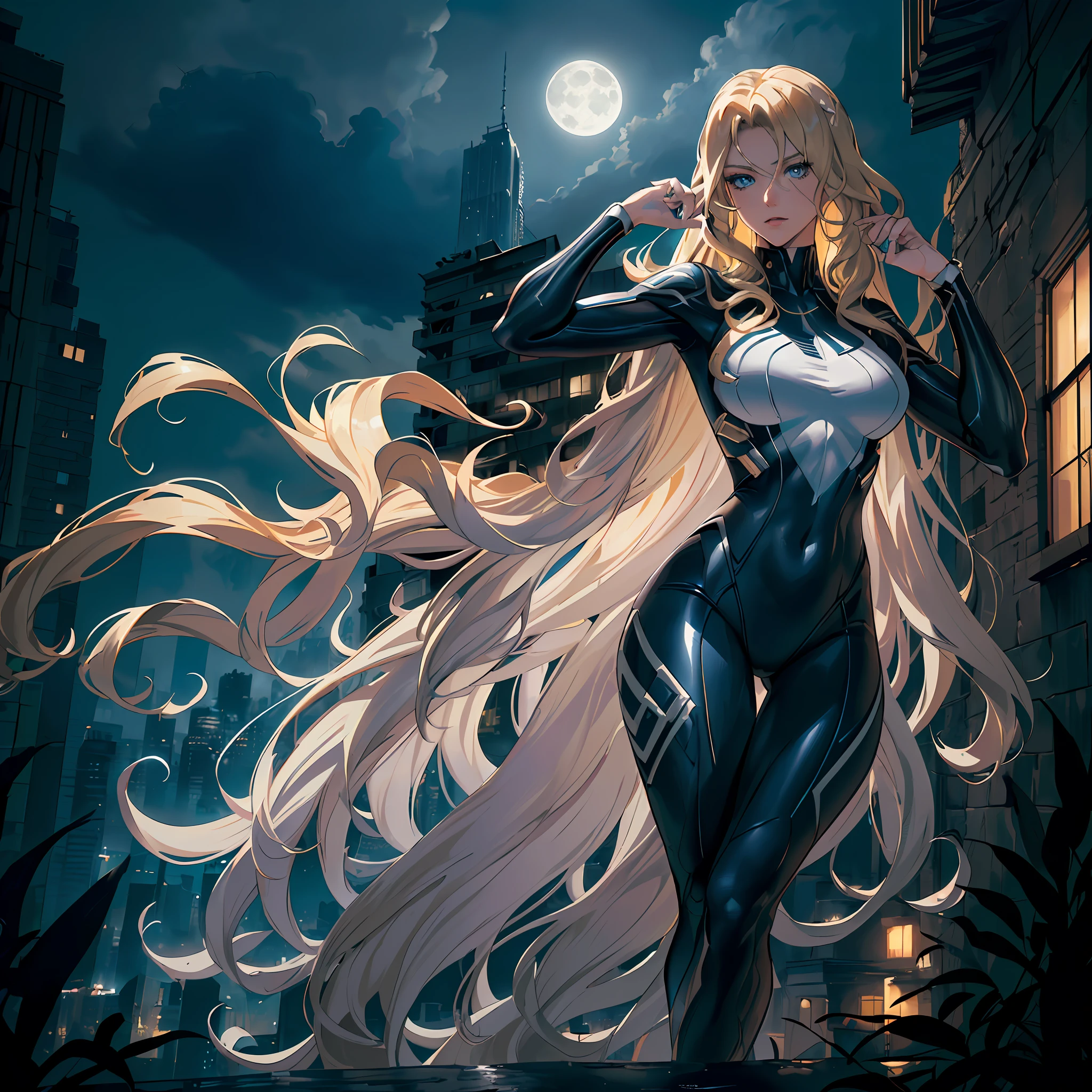 (Masterpiece, 8k resolution, ultra-realistic, very detailed), (white superhero theme, charismatic, there's a girl on top of town, wearing Absolute Comics white widow costume, she's a superhero), [ ((25 years), (long wavy blonde hair:1.4), full body, (blue eyes:1.2), ((black widow pose, show of strength, jump from one building to another), ((sandy urban environment):0.8)| (cityscape, at night, dynamic lights), (full moon))] # Explanation: The Prompt mainly describes a 4K painting of ultra-high definition, very realistic, very detailed. It shows a superheroine at the top of the city, wearing a white widow costume from Absolute Comics The theme in the painting is a white superhero theme, the female protagonist has long wavy blonde hair is 25 years old and her entire body is shown in the painting. In terms of portraying the actions of superheroines, spiders are slaves, some details of a black symbiote in venom-style uniform, perfect body, gorgeous, handsome face, slim waist