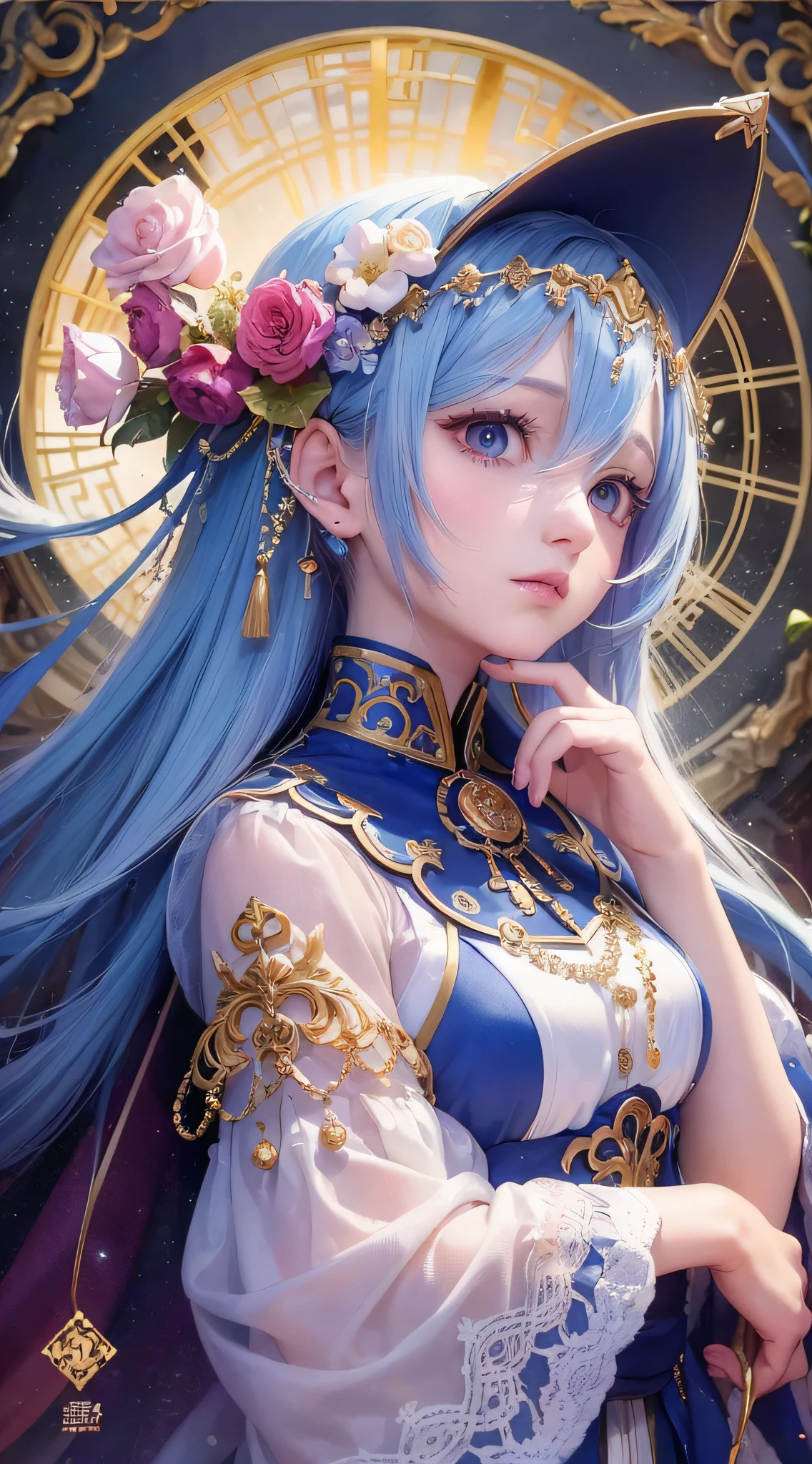 (Masterpiece, Top Quality, Best Quality, Official Art, Beauty and Aesthetics: 1.2), (1girl: 1.3), Girl of the Gods, Long Blue-Pink Hair, Tibetan --auto --s2