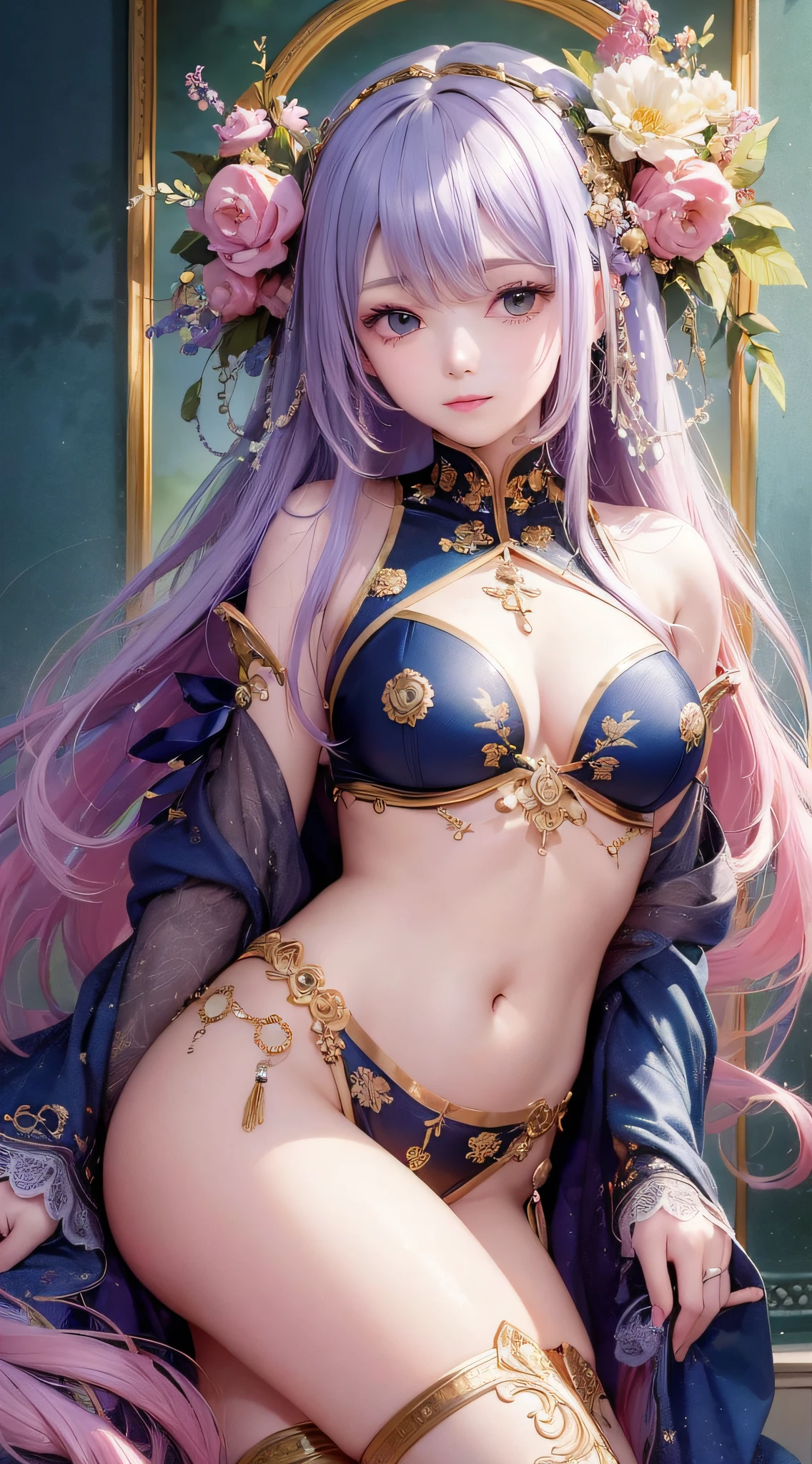 (Masterpiece, Top Quality, Best Quality, Official Art, Beauty and Aesthetics: 1.2), (1girl: 1.3), Girl of the Gods, Long Blue-Pink Hair, Tibetan --auto --s2