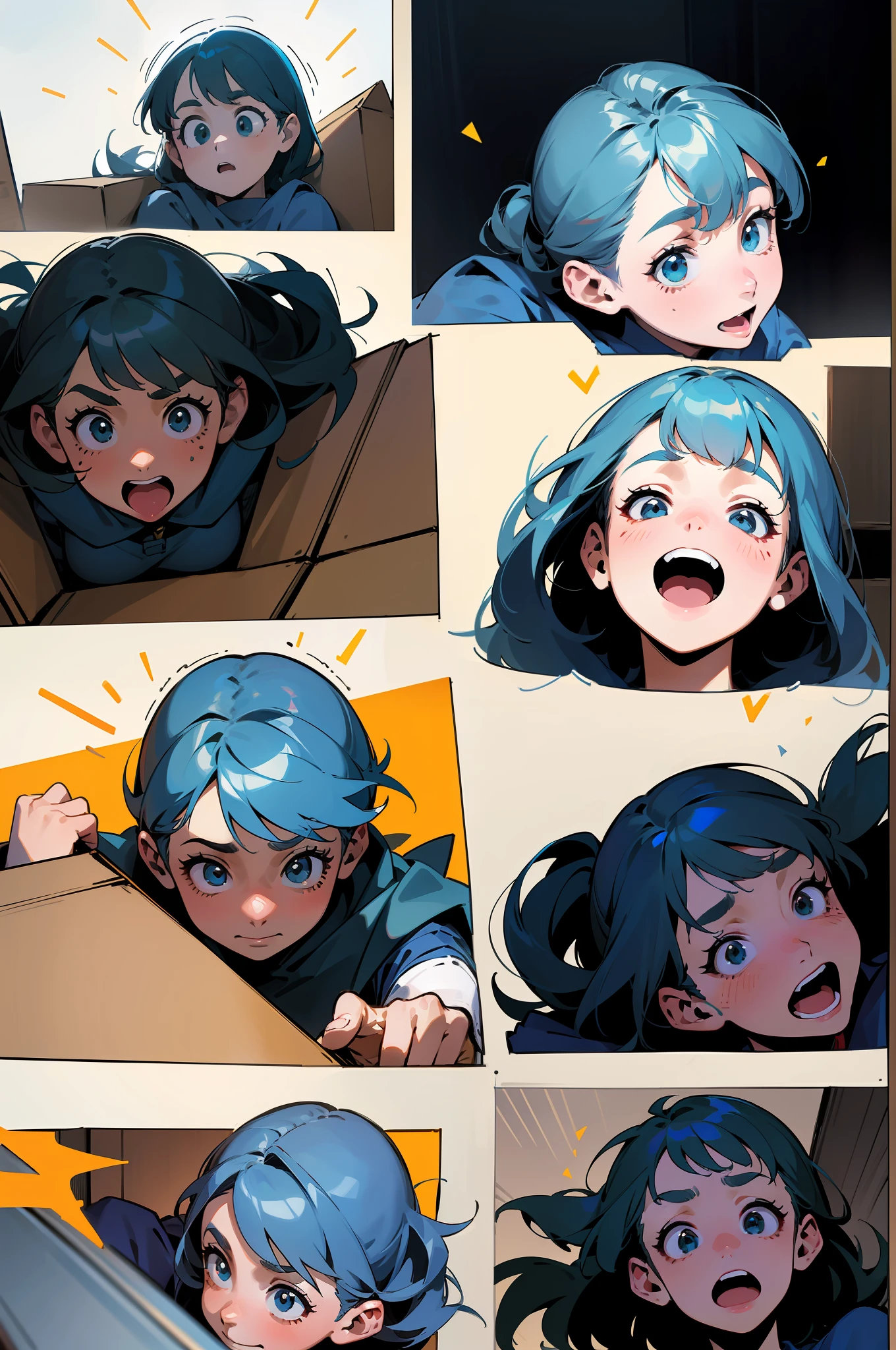 A comic page, six panels, 1 character, in first panel she has a inquisitive expression, in the second panel she is smiling, the third panel is a box with hands lifting off the top, in the fourth panel she has a fearful expression, in the fifth panel she has a shocked expression, in the sixth panel she is laughing and covered in confetti