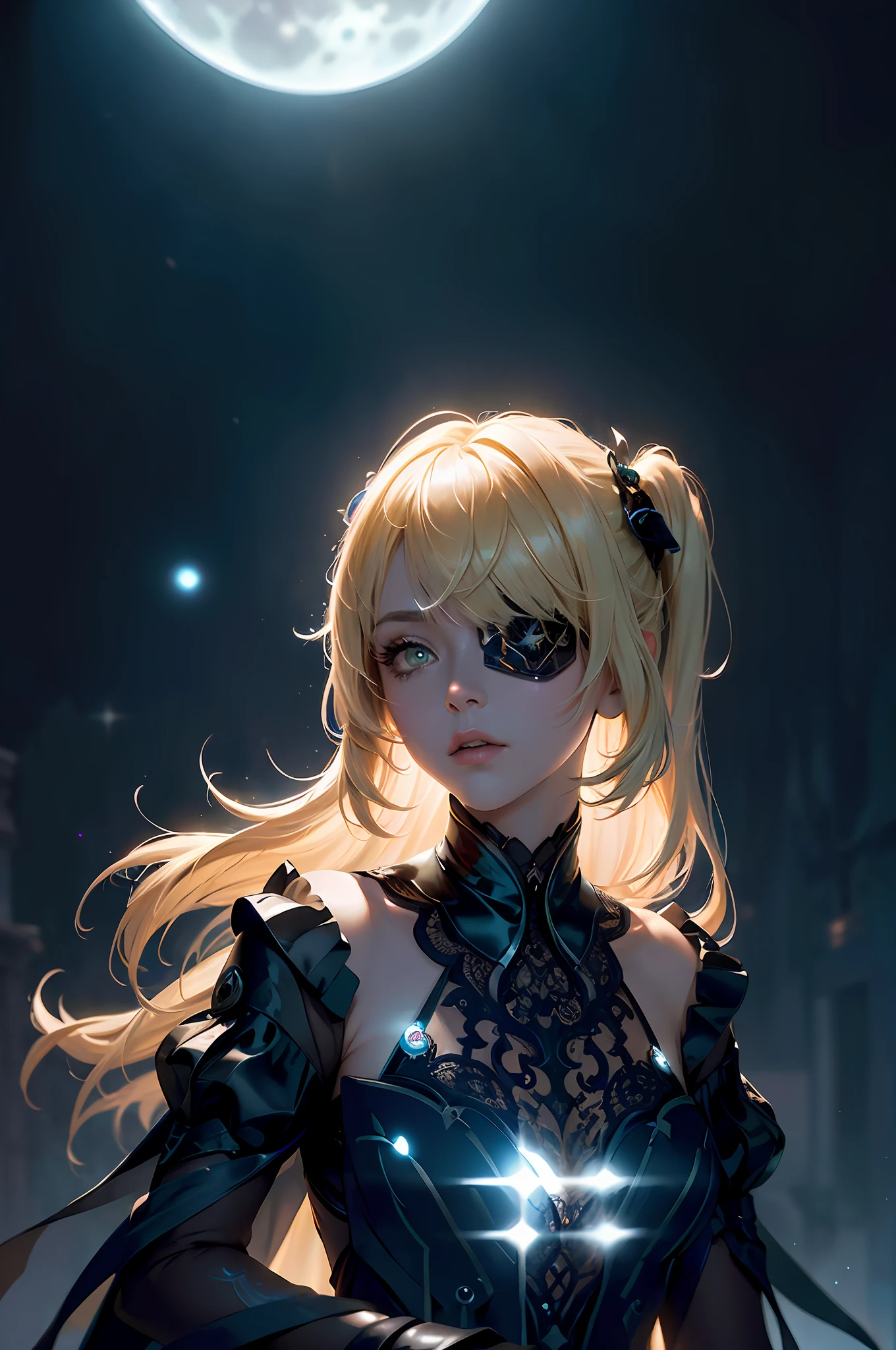(Masterpiece:1.2), best quality, (night sky, medium length blond hair:1.2),(illustration:1.2), beautiful scenery, scared,(Masterfully crafted Glow, lens flare), (ultra-detailed), hyper details, (delicate detailed), (intricate details), (cinematic light, best quality Backlights), clear line, new world, viewer, solo female, solo female, perfect body, (1girl), (Bright bioluminescent hair  hair, bright glowing eyes), (Dynamic:1.3), ((makeup)), high contrast, (best illumination, an extremely delicate and beautiful), ((cinematic moonlight)), colourful, ((Photoshop Pastel Painting:1.1)), ethereal, (Cinematic masterpiece),suspense,  splashes of colour, absolutely eye-catching, ((caustic)), dynamic angle ,beautiful (detailed glow), (eerie),(Intricate Detailed Cinematic Scenery Behind:1.2),ambient occlusion, (ambient moonlight), ray-traced reflections, intricately detailed visible background , (glowing spacesuit), Terrifying, (bioluminescent vegetation:1.2), blond ponytails, black rode eyepatch, dark purple gothic dress