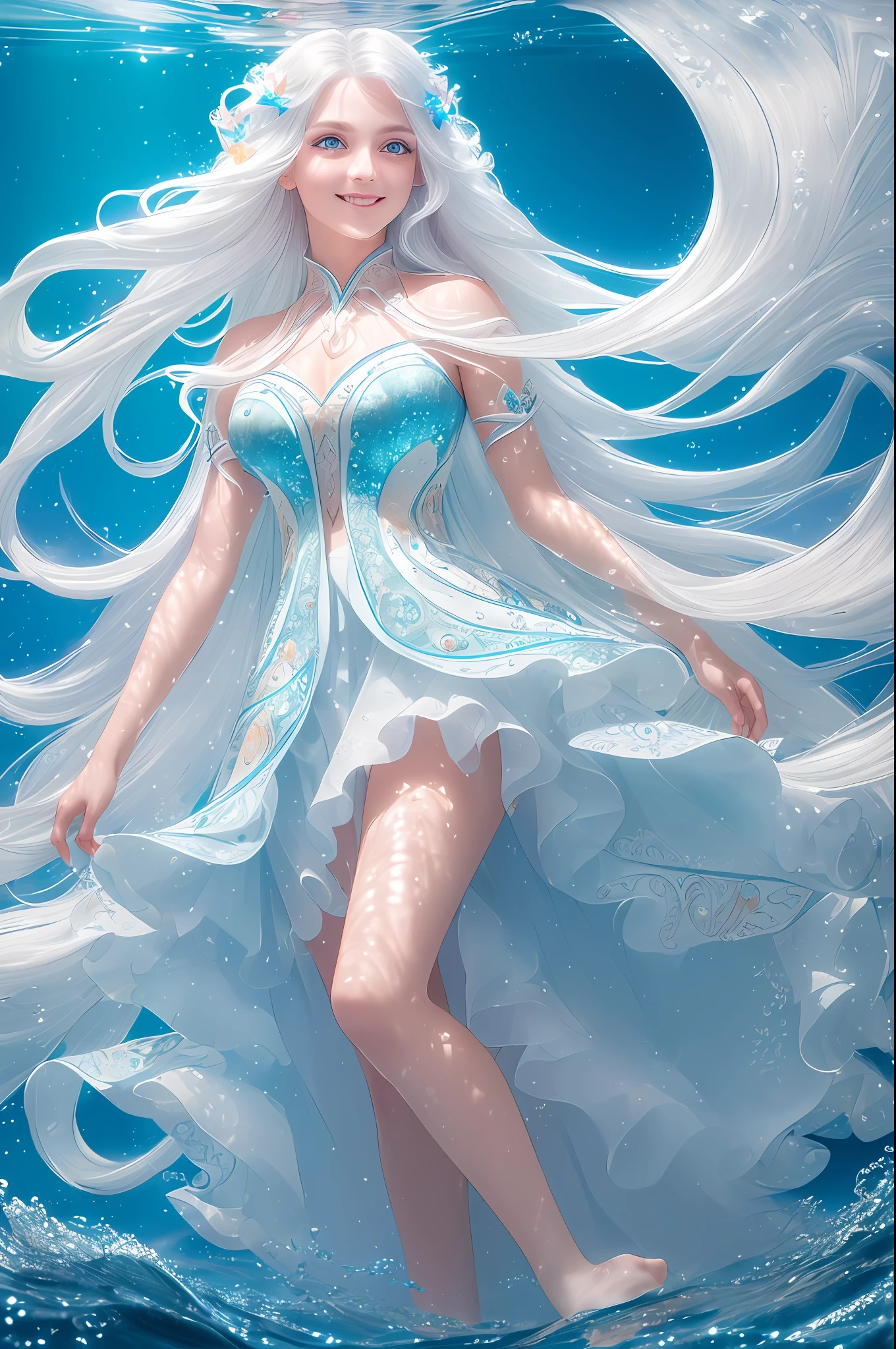Beautiful girl, white long hair, realistic photo, high detailed, Realistic, high resolution, high texture, beautiful beauty, long flowing hair, big eyes, full and high straight, walking, long white legs, pale skin, smile, happy eyes, masterpiece, best quality, (extremely detailed CG unity 8k wallpaper), (masterpiece), (best quality), (polychromatic:1.25), (scenic:1.2), (heterochromatic:1.2), (ultra-detailed), (best illustration), (best shadow), (lightfast), (highly detailed reflection), (an extremely delicate and beautiful), (fantasy), (dynamic angle), (dynamic pose), (1 girl floats in undersea), (white hair), (long wavy hair), (swirling hair), (gradient hair), (white and light blue dress), eyelashes, (highly detailed face:1.3), (light particles:1.3), (highly detailed light:1.3), (light changes to water:1.5), ( lots of water current), red, vermeil, orange, yellow, green, lime, peach, colar, pink, aqua, blue, violet, (gradient colored background), smile, upper body, (detailed blue sky:1.3), (ribbon strawwps), (close up:0.8)