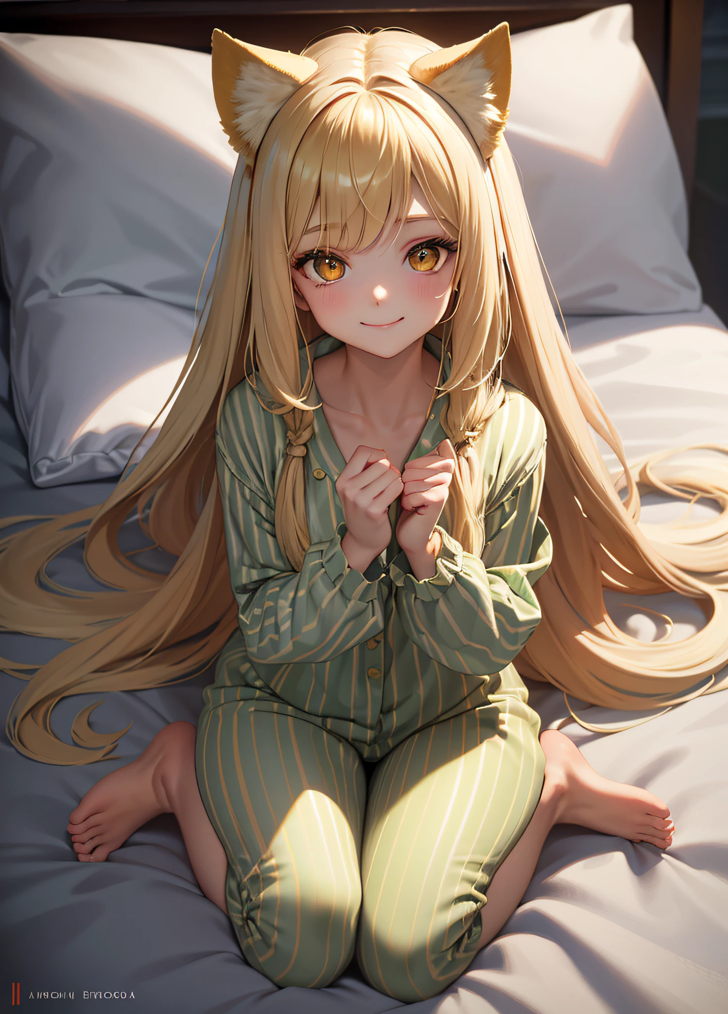 Masterpiece, (highest quality), Alone, (Young Woman), Solo, Blonde Long Straight Hair, Big, Dog Ears, (Golden Eyes), (Green and White Striped Pajamas), Barefoot, (Red Cheeks), (Smiling gently)), Sweating a lot, Ass sticking out, (Lying face down), Face on pillow, ((Very dark)), (Midnight Room))), On the bed, Full body figure, Landscape image