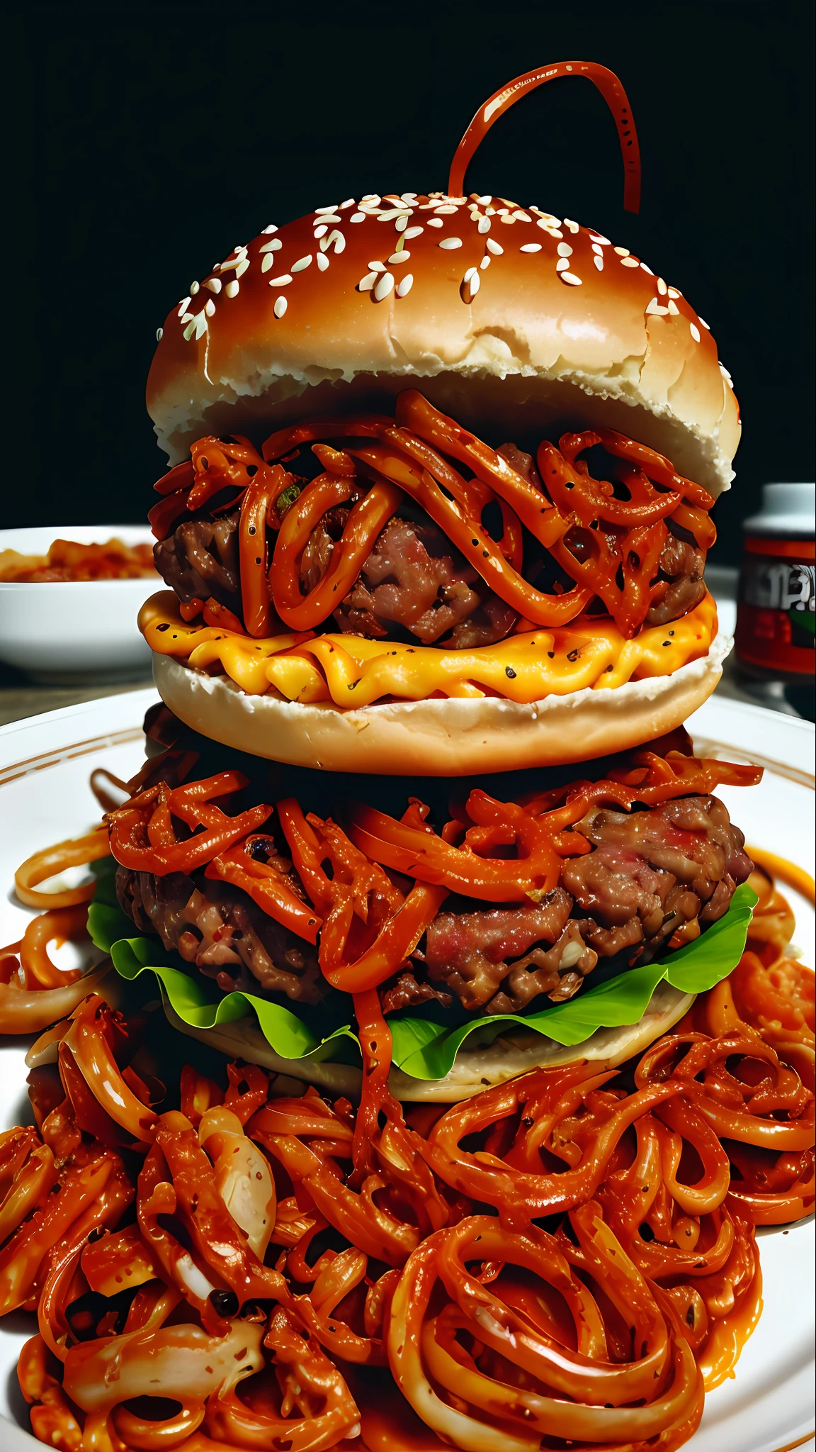 RAW, masterpiece, best quality, absurdres, horror art, dread, creepy, bloody, eerie, intricate, Sony a7 IV Mirrorless Camera, film grain, chromatic aberration, dimly lit, low key, two-tone lighting, ManyEyedHorrorAI, (nasty vile hamburger,worms, rotten beef:1.2), with Spaghetti bolognese on top