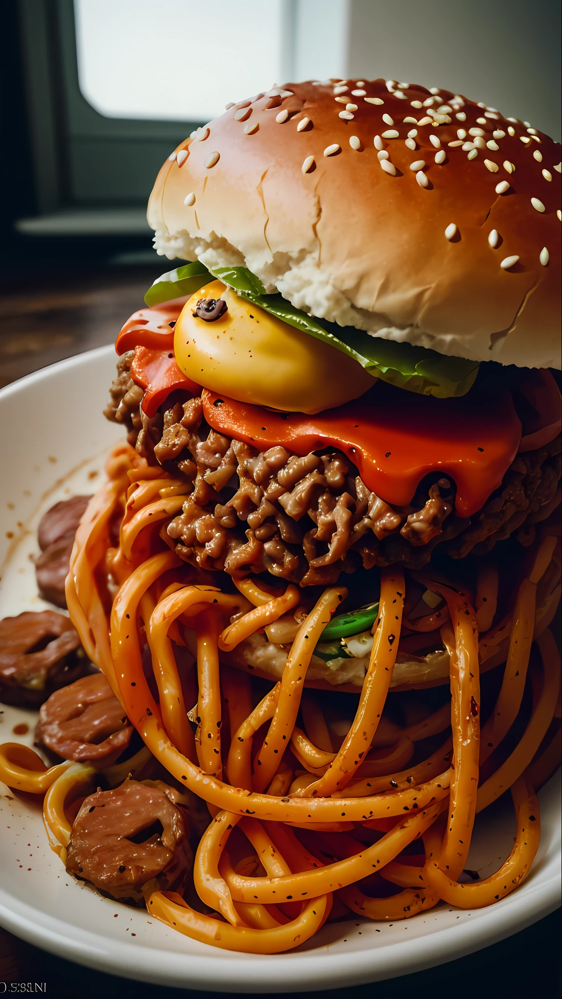 RAW, masterpiece, best quality, absurdres, horror art, dread, creepy, bloody, eerie, intricate, Sony a7 IV Mirrorless Camera, film grain, chromatic aberration, dimly lit, low key, two-tone lighting, ManyEyedHorrorAI, (nasty vile hamburger,worms, rotten beef:1.2), with Spaghetti bolognese on top