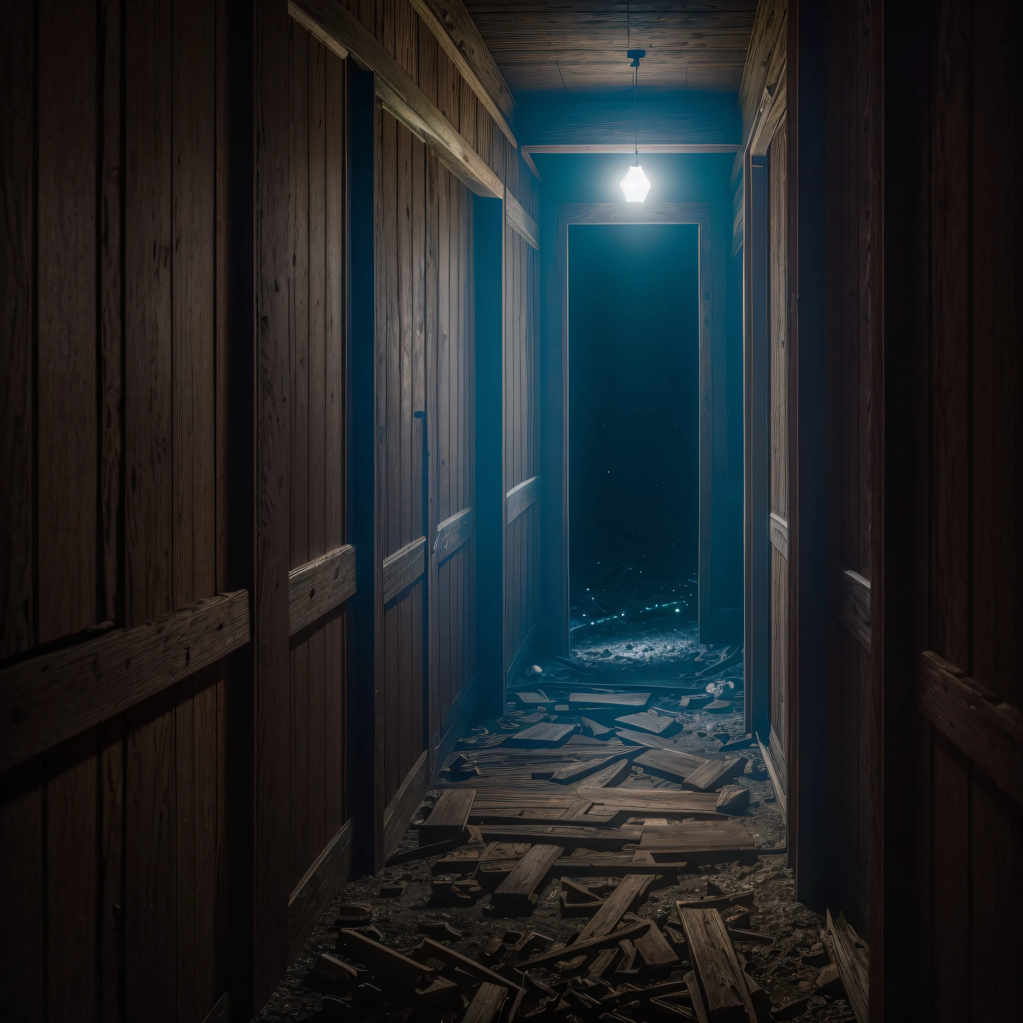 A dark hallway of an abandoned wooden house, illuminated by 8k moonlight, uhd, severe low lighting, high quality, sharp focus, fujifilm XT3 --auto --s2