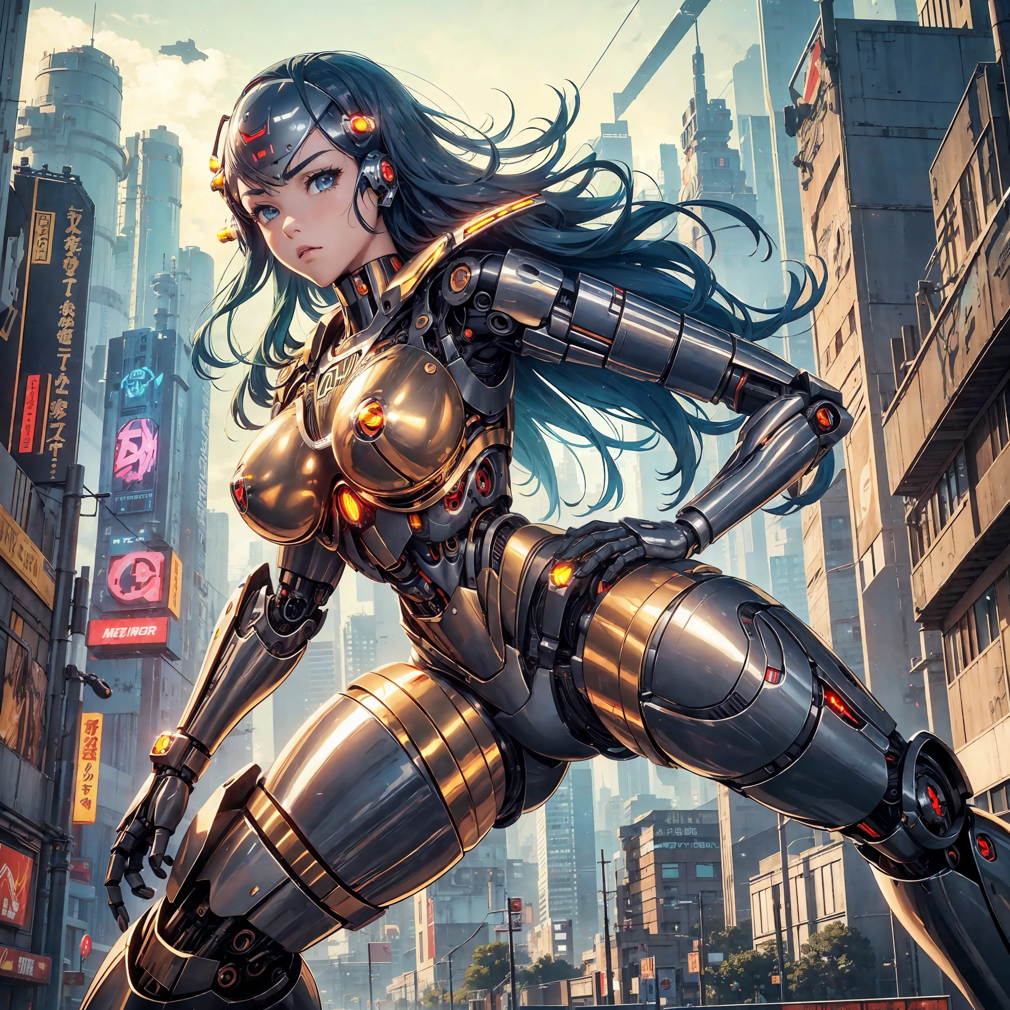 1girl, solo, Japanese girl, (((cyborg:1.4))), cyborg girl, cyborg armor, cyborg clothing, beautiful detailed eyes, finely detail, bright pupils, turquoise eyes, full body, large breasts:0.8, (((floating hair))), looking at viewer, pov, female focus, puffy eyes, long hair, gorgeous hair, air bangs, dynamic pose, dynamic angle, close-up, thighs open, showing panties, boobs exposed, fighting stance, fighting pose, run forward, running,(((golden metallic color | red metallic color | blue metallic color))),(((Metallic luster, metal reflective, mechanical details, extremely mechanical details, complex mechanical structure))), (((Mirrored Power Armor, fallout 4, fallout))),
defeated, corpse, bleed, battlefield, mechanized background, giant robot in the background, outdoors, cinematic lighting, Cyberpunk world. Cyberpunk metropolis, neon, Sci-fi style, sfw:1.98, --auto --s2
