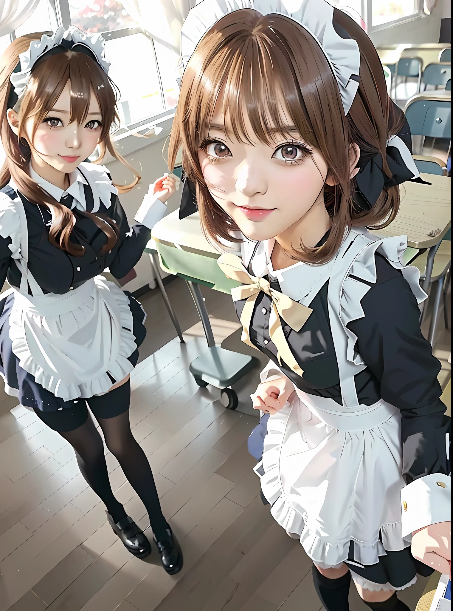 anime image of two women in maid uniforms in a classroom, anime girl in a maid costume, anime maids riding early tanks, maid outfit, anime moe artstyle, wearing maid uniform, anime cat girl in a maid costume, maid, ecchi anime style, gorgeous maid, anime maid ss military, kantai collection style, maid dress, clean detailed anime art