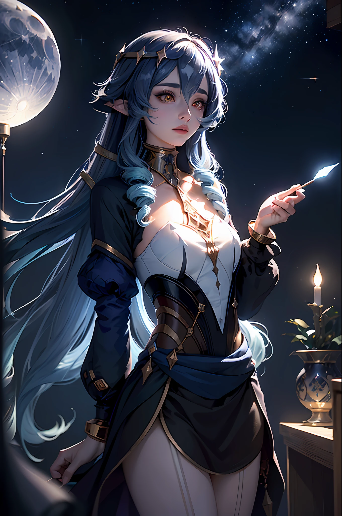 (Masterpiece:1.2), best quality, (night sky, wery long blue hair:1.2),(illustration:1.2), beautiful scenery, scared,(Masterfully crafted Glow, lens flare), (ultra-detailed), hyper details, (delicate detailed), (intricate details), (cinematic light, best quality Backlights), clear line, new world, viewer, solo female, perfect body, (1female), (Bright bioluminescent hair  hair, bright glowing eyes), (Dynamic:1.3), ((makeup)), high contrast, (best illumination, an extremely delicate and beautiful), ((cinematic moonlight)), colourful, ((Photoshop Pastel Painting:1.1)), ethereal, (Cinematic masterpiece),suspense,  splashes of colour, absolutely eye-catching, ((caustic)), dynamic angle ,beautiful (detailed glow), (eerie),(Intricate Detailed Cinematic Scenery Behind:1.2),ambient occlusion, (ambient moonlight), ray-traced reflections, intricately detailed visible background, lamps and shiny spheres, glitter, stars