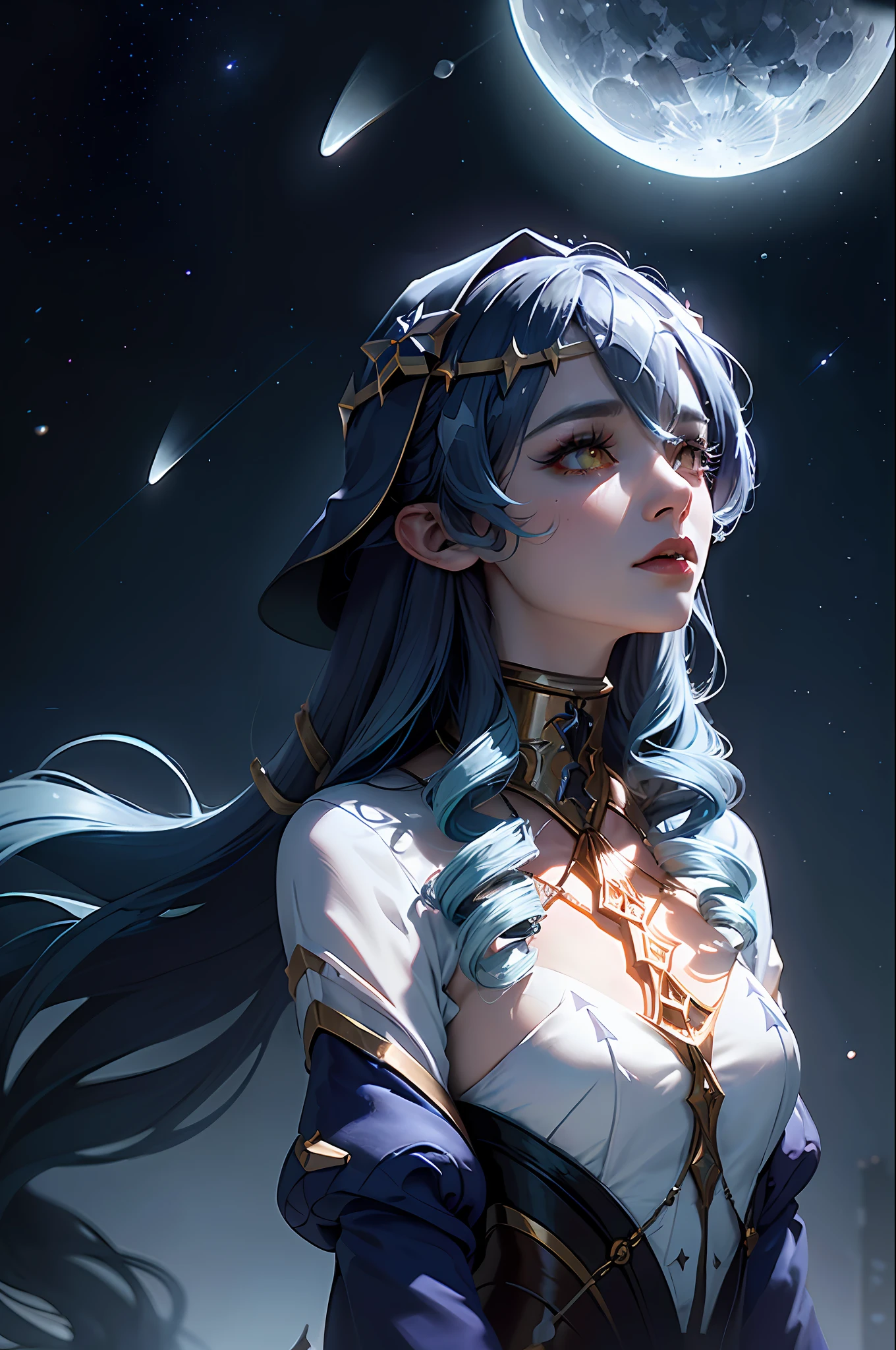 (Masterpiece:1.2), best quality, (night sky, wery long blue hair:1.2),(illustration:1.2), beautiful scenery, scared,(Masterfully crafted Glow, lens flare), (ultra-detailed), hyper details, (delicate detailed), (intricate details), (cinematic light, best quality Backlights), clear line, new world, viewer, solo female, perfect body, (1female), (Bright bioluminescent hair hair, bright glowing eyes), (Dynamic:1.3), ((makeup)), high contrast, (best illumination, an extremely delicate and beautiful), ((cinematic moonlight)), colourful, ((Photoshop Pastel Painting:1.1)), ethereal, (Cinematic masterpiece),suspense, splashes of colour, absolutely eye-catching, ((caustic)), dynamic angle ,beautiful (detailed glow), (eerie),(Intricate Detailed Cinematic Scenery Behind:1.2),ambient occlusion, (ambient moonlight), ray-traced reflections, intricately detailed visible background, lamps and shiny spheres, glitter, stars