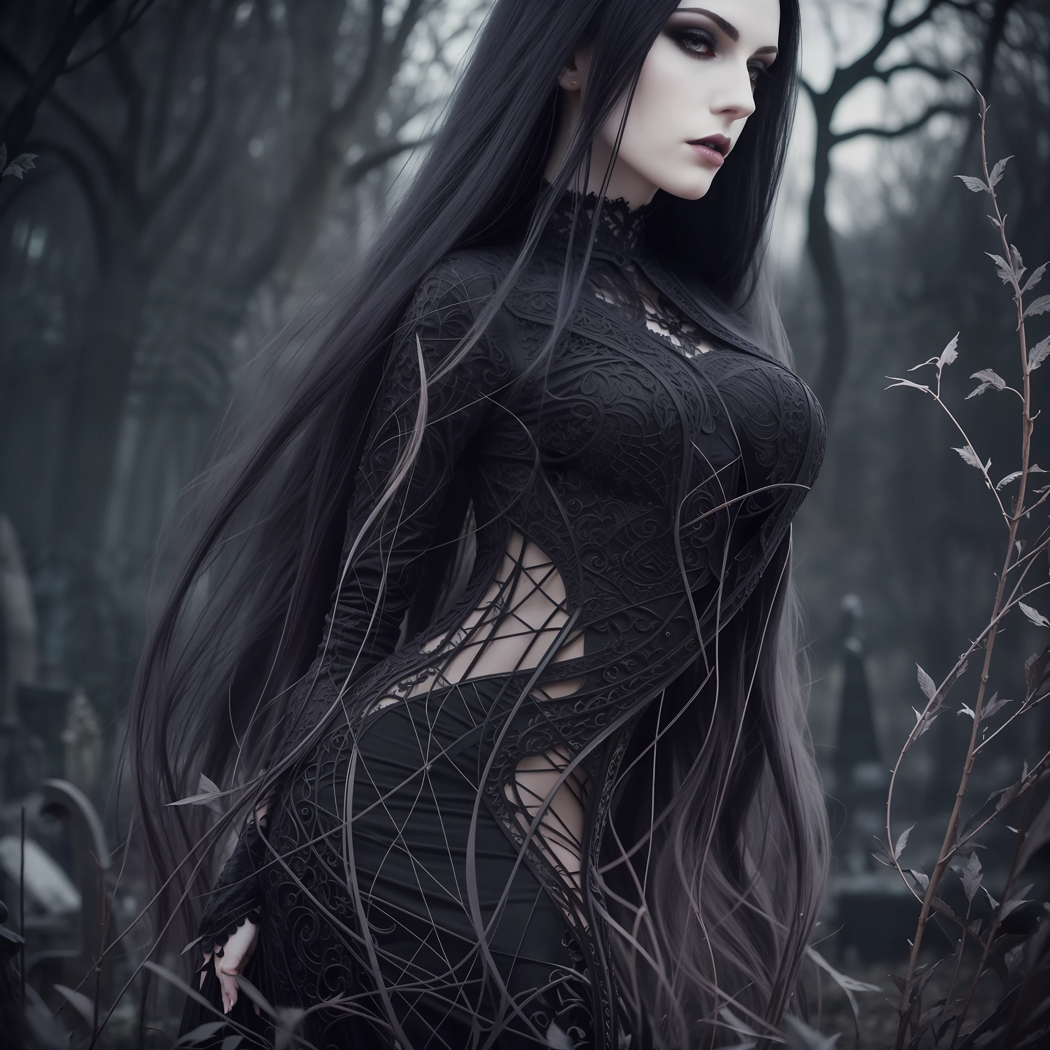 Photograph of a Gothic woman with pale skin, long and voluminous hair, sharp eyes, a thin and upturned nose, shapely lips, an hourglass body shape, dark clothes and makeup, intricate maximalist-detailed, vibrant, epic, smooth, cinematic, 4K, backlit, creepy graveyard background, and a deep depth of field.