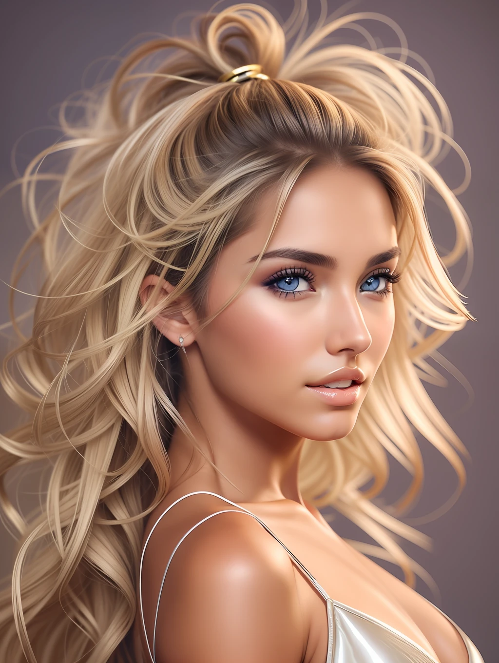 A female fashion model 25 years old, tanned, [[[[closeup]]]], [[[[chest]]]], [[[[neck]]]], [[[[shoulders]]]], perfect honey eyes, perfect iris, perfect lips, perfect teeth, perfect skin, messy windy hair, soft front light, glow, HDR, (muted colors:1.2)
