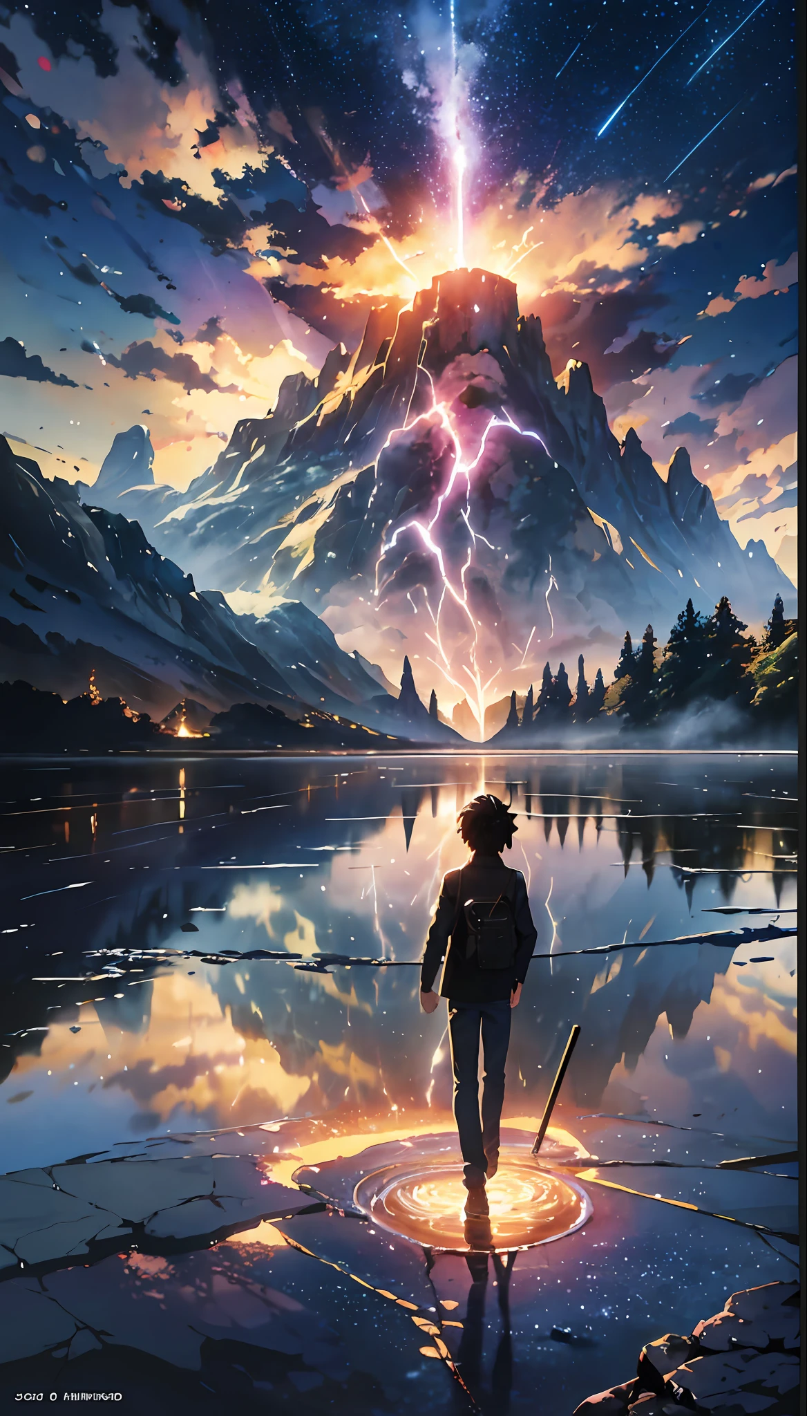 eldritch horror prophecy, creatures, lightning from skies, lava from ground, a figure of man standing in front, masterpiece, through bodies of water on tracks, bright starry sky. Romantic train, Makoto Shinkai's picture, pixiv, concept art, lofi art style, reflection. by Makoto Shinkai, lofi art, Beautiful anime scene, Anime landscape, detailed scenery —width 672, in style of Makoto shinkai, style of Makoto shinkai, enhanced details.