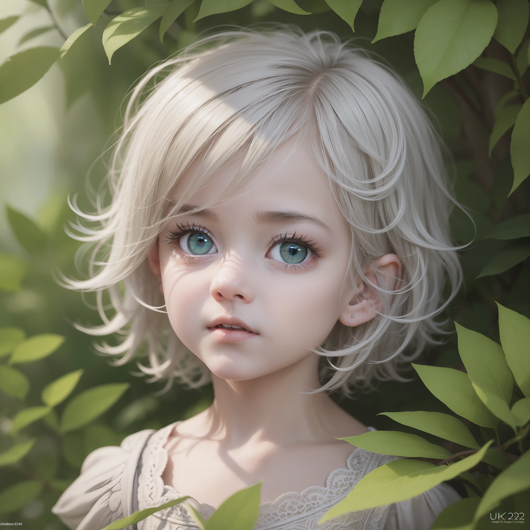 Drawing, realistic fantasy, clarity, detail 8kk, solo, portrait, (ultradetailing), boy's appearance, children's appearance, (ultradetailing), boy 2 , short light gray hair, (hair detailing), big green eyes, (fine eye detailing), thick eyelashes, (eyelash detailing), glade, white butterflies, (detailing the surrounding nature), 4k --auto --s2