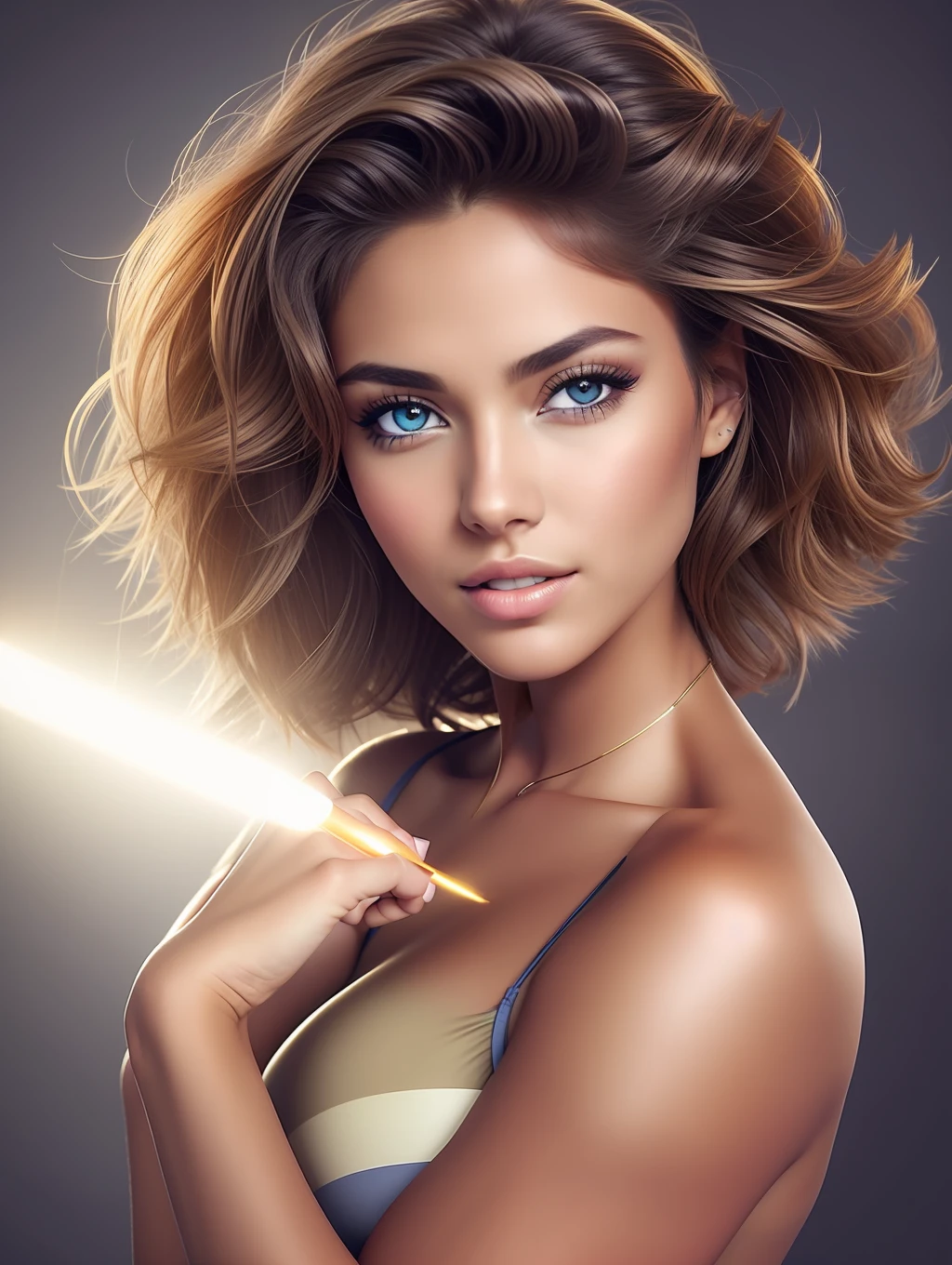 A female fashion model 25 years old, tanned, [[[[closeup]]]], [[[[chest]]]], [[[[neck]]]], [[[[shoulders]]]], perfect honey eyes, perfect iris, perfect lips, perfect teeth, perfect skin, messy windy hair, soft front light, glow, HDR, (muted colors:1.2)