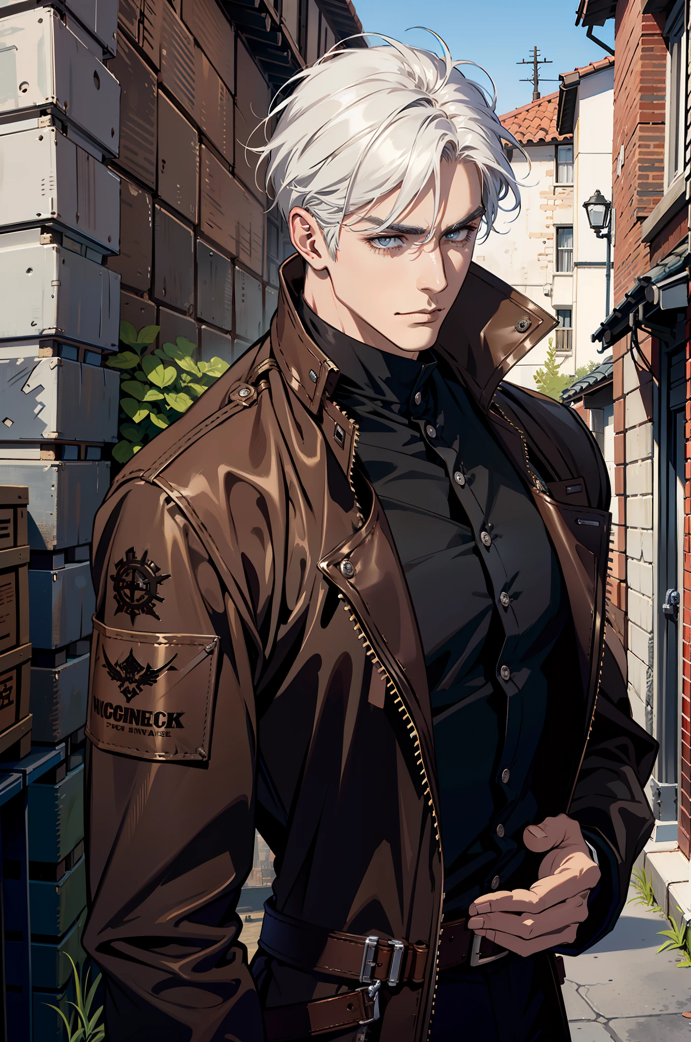(absurd res, high res, ultra detailed), 1 male, adult, handsome, tall muscular guy, broad shoulders, white hair, finely detailed eyes, portrait, looking at viewer, solo, half shot, detailed background, detailed face, (steampunk industrial), smirk, renegade, rugged dark leather clothes, small leather pouch, high fantasy medieval setting, smuggler hideout background, stealth, undercover, (crates in background), shadows, fog, (dutch angle), closed mouth