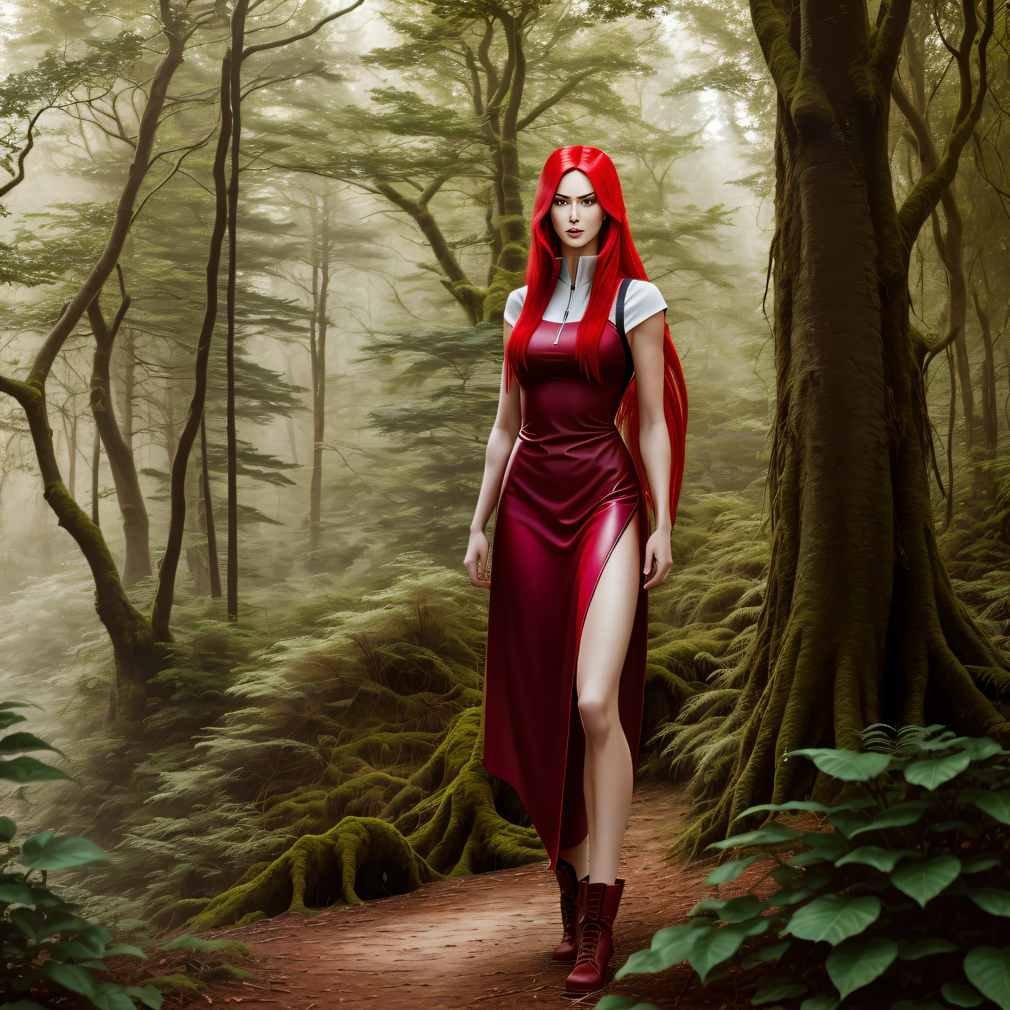 Tall beautiful woman with blood-red hair in a nature setting, like Megan Fox