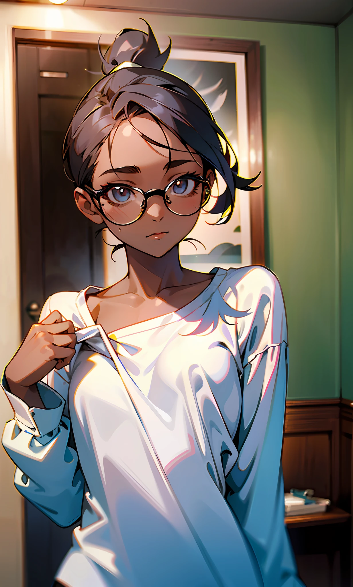 1girl dark skin, small breasts, wears thick-framed glasses that highlight her facial features, with short hair, ponytail and gray, Her sexy pajamas are made of a soft fabric such as cotton or flannel, which provides comfort and breathability, the pajamas consists of wearing only the long-sleeved blouse. The blouse has a U-shaped neckline and is slightly loose, providing freedom of movement and allowing the skin to breathe at night.