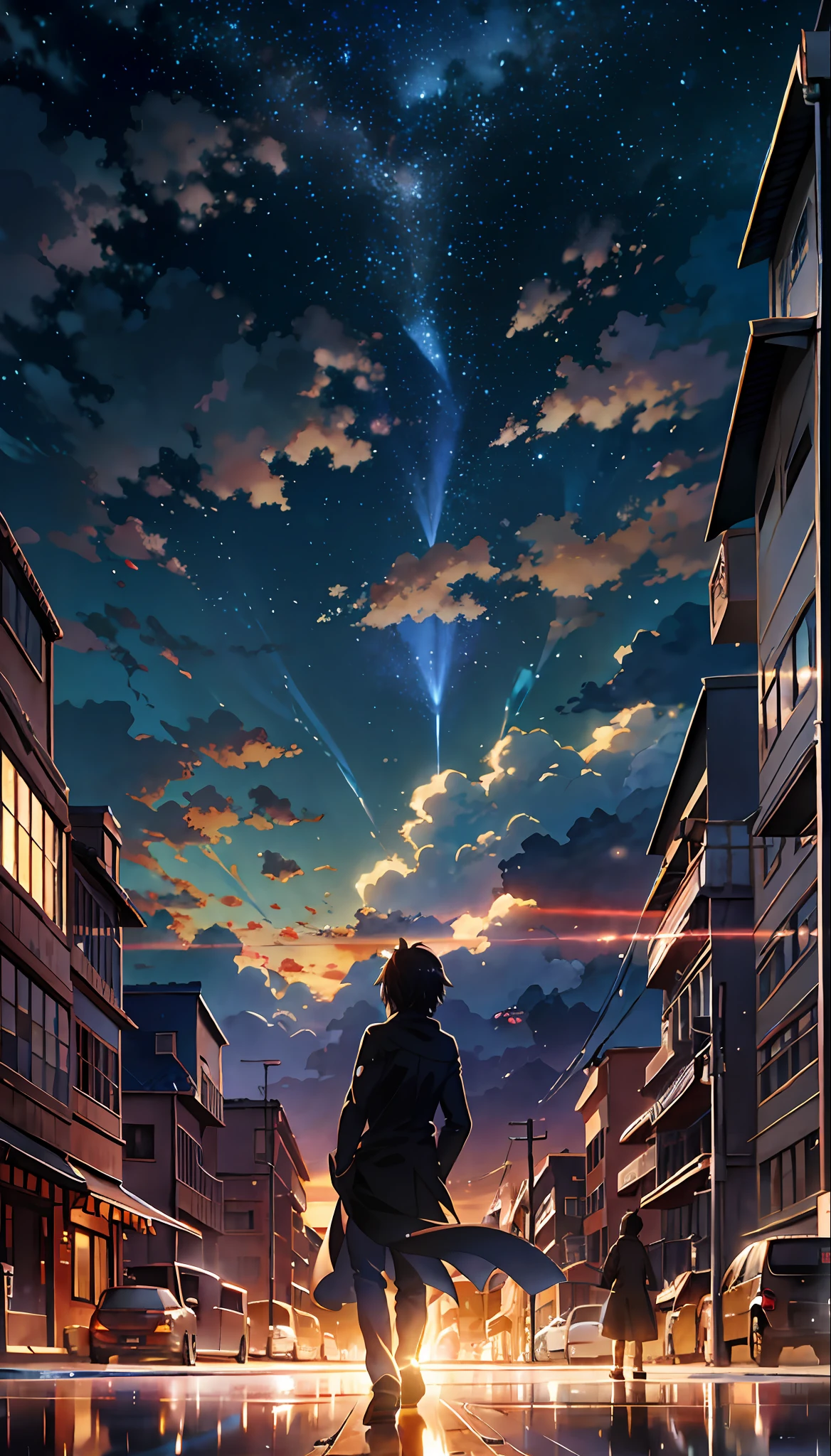 eldritch horror prophecy, horrifying monstrous creatures, lightning from skies, lava from ground, a figure of man standing in front of creatures, masterpiece, through bodies of water on tracks, bright starry sky, Makoto Shinkai's picture, pixiv, concept art, lofi art style, reflection. by Makoto Shinkai, lofi art, Beautiful anime scene, Anime landscape, detailed scenery —width 672, in style of Makoto shinkai, style of Makoto shinkai, enhanced details.