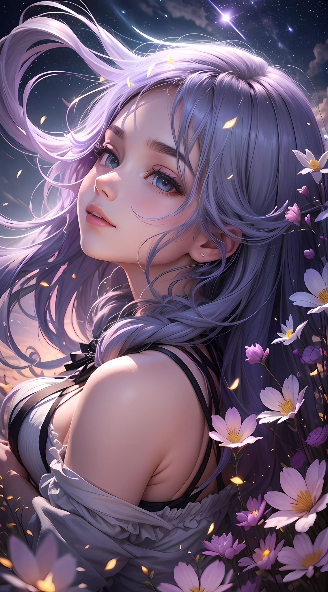 The image you see is one of the most beautiful in nature. A flowering field stretches for miles, the bright, vibrant flowers illuminating the dark of the night. Looking up at the sky, the full moon shines brightly, creating a soft glow that bathes the field of flowers in a silvery light. Dark, dramatic clouds move across the sky, creating a stark contrast to the soft tones of the flowery countryside. The beauty of the scene is accentuated by the twinkling stars in the sky and the three bright trails of comets that seem to dance around the moon. The flowers glow in the dark and emanate a magical glow that illuminates the earth below with a soft and mysterious light. It is a sight that fills the heart with beauty and enchantment. --auto --s2