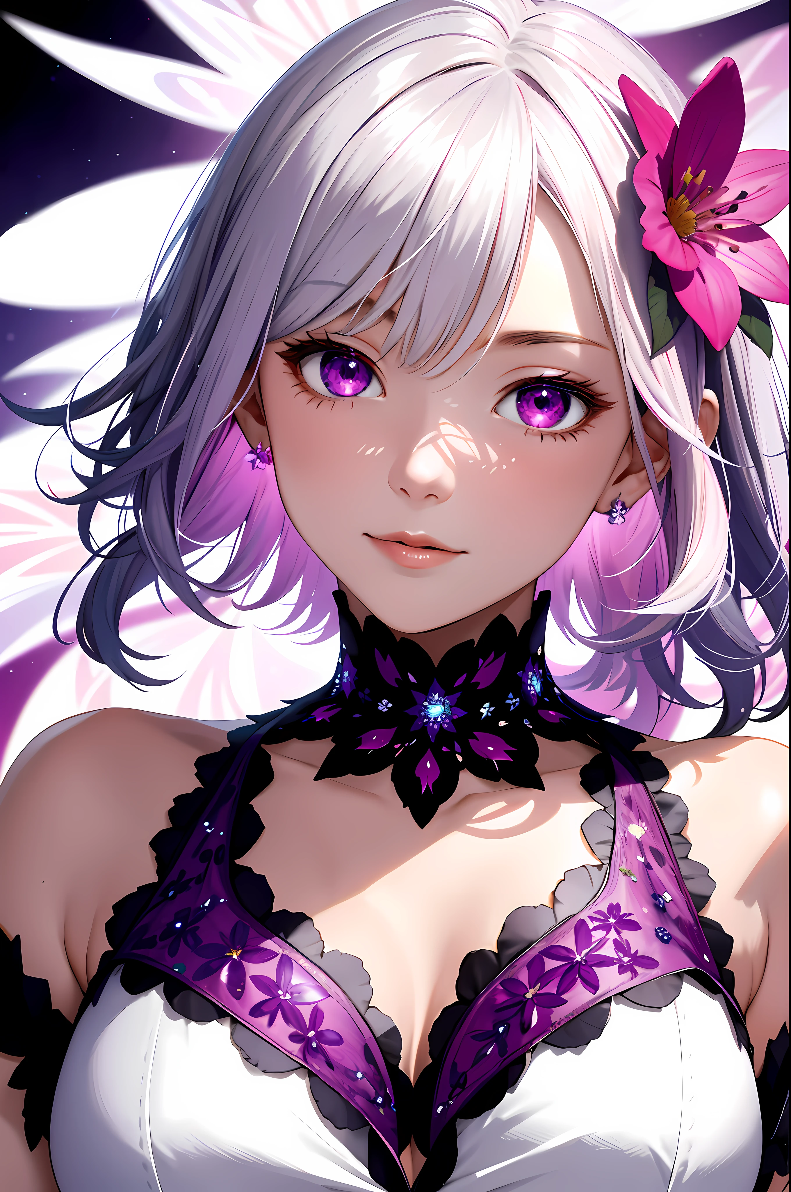 Absurdity, High Resolution, (Close Up:1.4), 1 Girl, Medium Hair, Glowing Hair, Glowing Purple Eyes,Fractal Art, Complex Background, (Fancy Background:1.3), (Colorful Background:1.2), Flashy Effect, (Flower Effect:1.2), DNA Effect, White Effect, (Light Color Scheme:1.2) break Shiny silver hair and pink inner color,shiny skin, Light purple embroidery on white base is beautiful in detail underwear, cleavage, flower effect