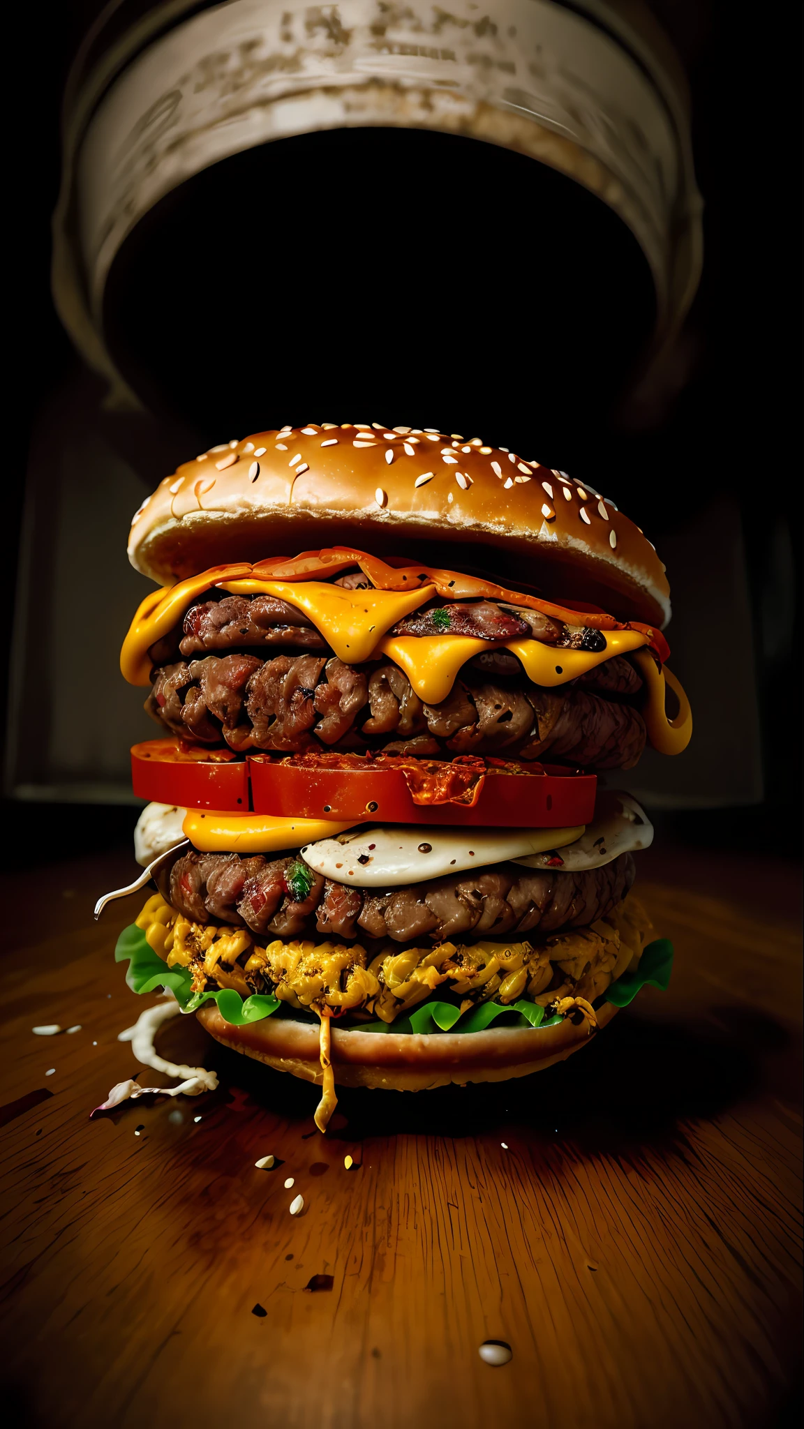 RAW, masterpiece, best quality, absurdres, horror art, dread, creepy, bloody, eerie, intricate, Sony a7 IV Mirrorless Camera, film grain, chromatic aberration, dimly lit, low key, two-tone lighting, ManyEyedHorrorAI, (nasty vile hamburger,worms, rotten beef:1.2)