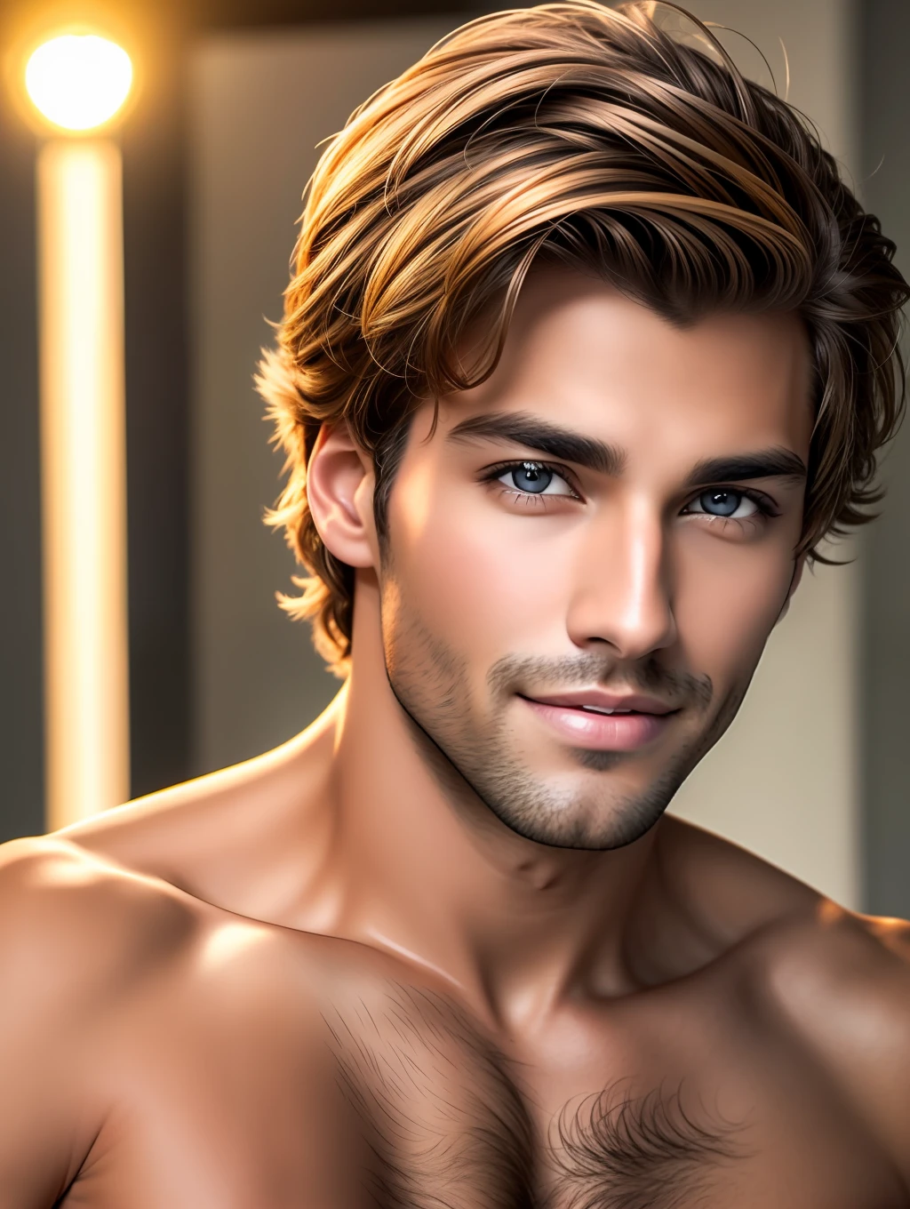 A male fashion model 30 years old, tanned, [[[[closeup]]]], [[[[chest]]]], [[[[neck]]]], [[[[shoulders]]]], perfect honey eyes, perfect iris, perfect lips, perfect teeth, perfect skin, short messy hair, soft front light, glow, HDR, (muted colors:1.2)