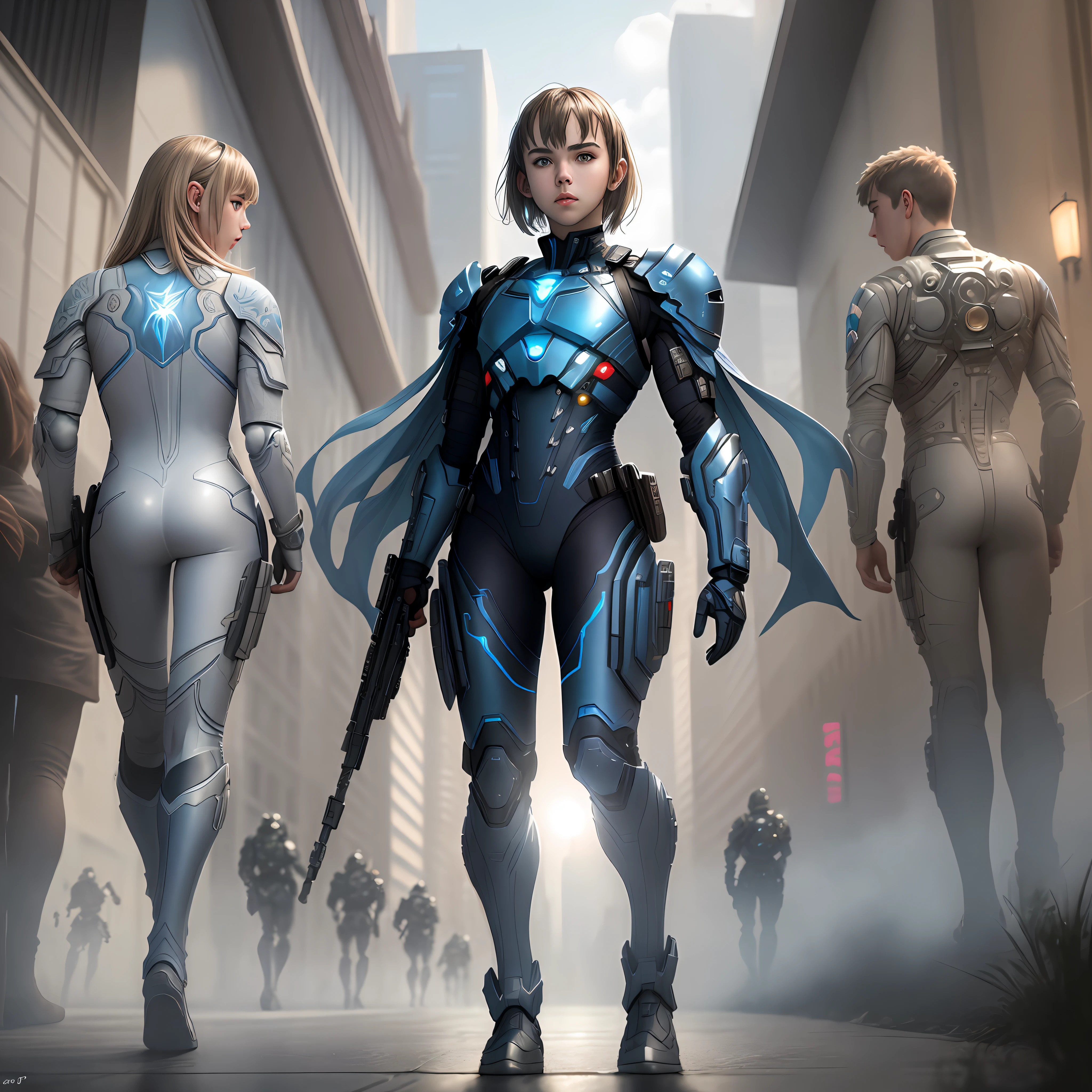 masterpiece, sharp focus, ultrarealistic, (full body), age,Valerian and the City of a Thousand Planets, future soldier armor