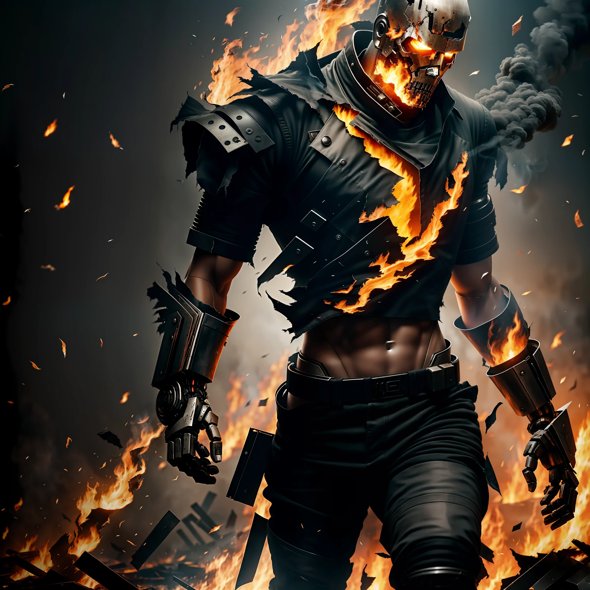 Create a full-body 8K half-human, half-android Terminator with torn clothes as if they were on fire. Make sure the resulting image has a dark and menacing look, with details that show the combination of human and robotic elements. Add details to the torn clothes, such as burnt fabric and smoke coming out of the clothes. Make sure the resulting image captures the essence of fire, with elements such as flames and embers. Add textures and details to make the image more realistic and interesting, such as how skin and robotic parts look. Make sure the resulting image is a high resolution, 8K quality." —c 10 —ar 2:3