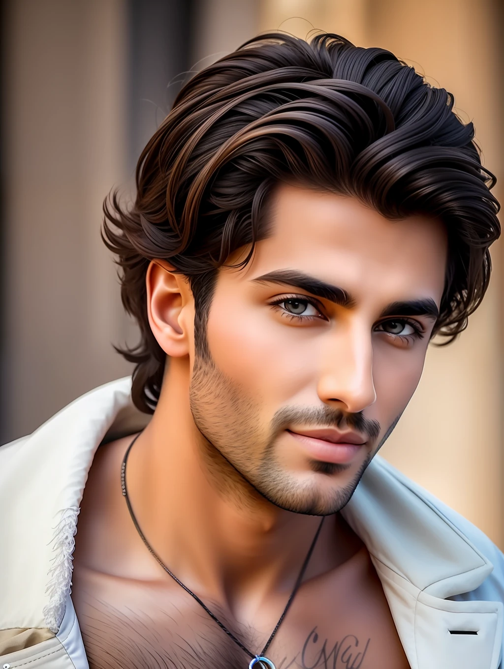 A Turkish male fashion model 30 years old, tanned, [[[[closeup]]]], [[[[chest]]]], [[[[neck]]]], [[[[shoulders]]]], perfect honey eyes, perfect iris, perfect lips, perfect teeth, perfect skin, short messy hair, soft front light, glow, HDR, (muted colors:1.2)