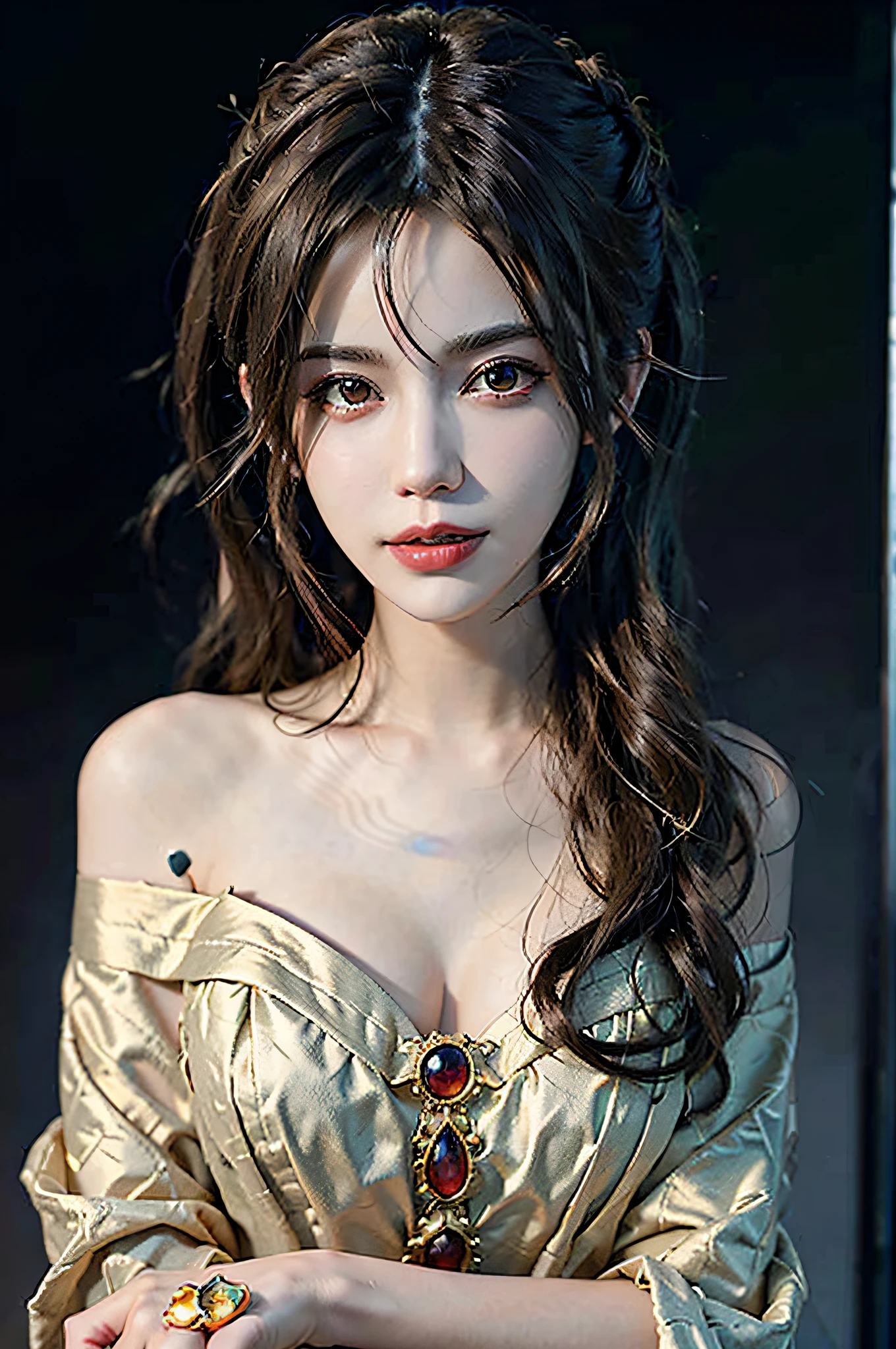 (Front Focus), Female Hyperrealist Portrait, Fantasy Art, Photorealistic Photography, Dynamic Lighting, Volumetric Lighting, Highly Detailed Face, 8k, Award-Winning, 1girl, Pale, White Skin, Glowing Skin, Detailed Skin, Vampire Dress, (Red Eyes), Red Lips, Hair, Dark, Deep Shadows, Low Key, Close Up, Ahoge, Bat Ears, Eye Reflection, Glowing Eyes , wicked smile, jewelry, impressionism, masterpiece, {{{masterpiece, best quality, illustration,game_cg}}}, hair bunched up on head, sexy