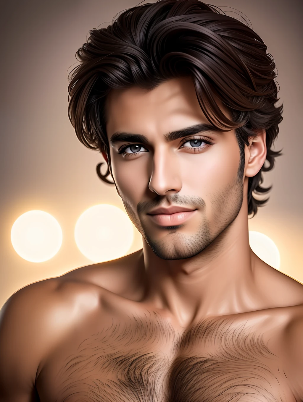 A Turkish male fashion model 30 years old, tanned, [[[[closeup]]]], [[[[chest]]]], [[[[neck]]]], [[[[shoulders]]]], perfect honey eyes, perfect iris, perfect lips, perfect teeth, perfect skin, short messy hair, soft front light, glow, HDR, (muted colors:1.2)