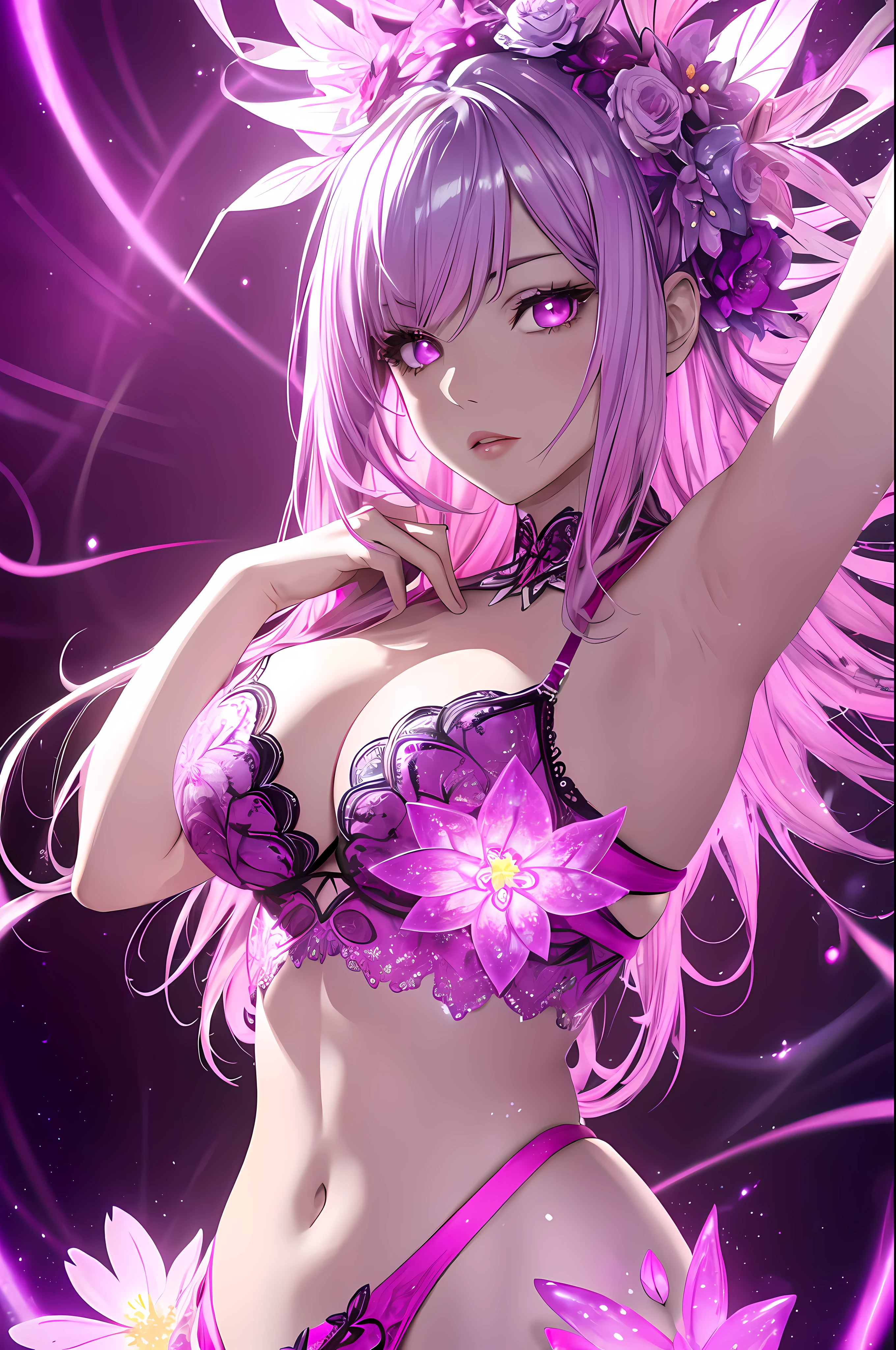 Absurdity, High Resolution, (Close:1.4), Upper Body, Side View, One Girl, Medium Hair, Glowing Hair, Complex Hair, Hair with Pink Inner Color in Silver Color, Glowing Purple Eyes, Complex Underwear,Cleavage, Fractal Art, Complex Background, (Fancy Background:1.3), (Colorful Background:1.2), Flashy Effects, (Flower Effects:1.2), DNA Effects, White Effects, (Light Color Scheme :1.2) Glowing eyes, shiny silver hair and pink inner color, shiny skin, light purple details beautiful underwear, fractal, cleavage, flower effect