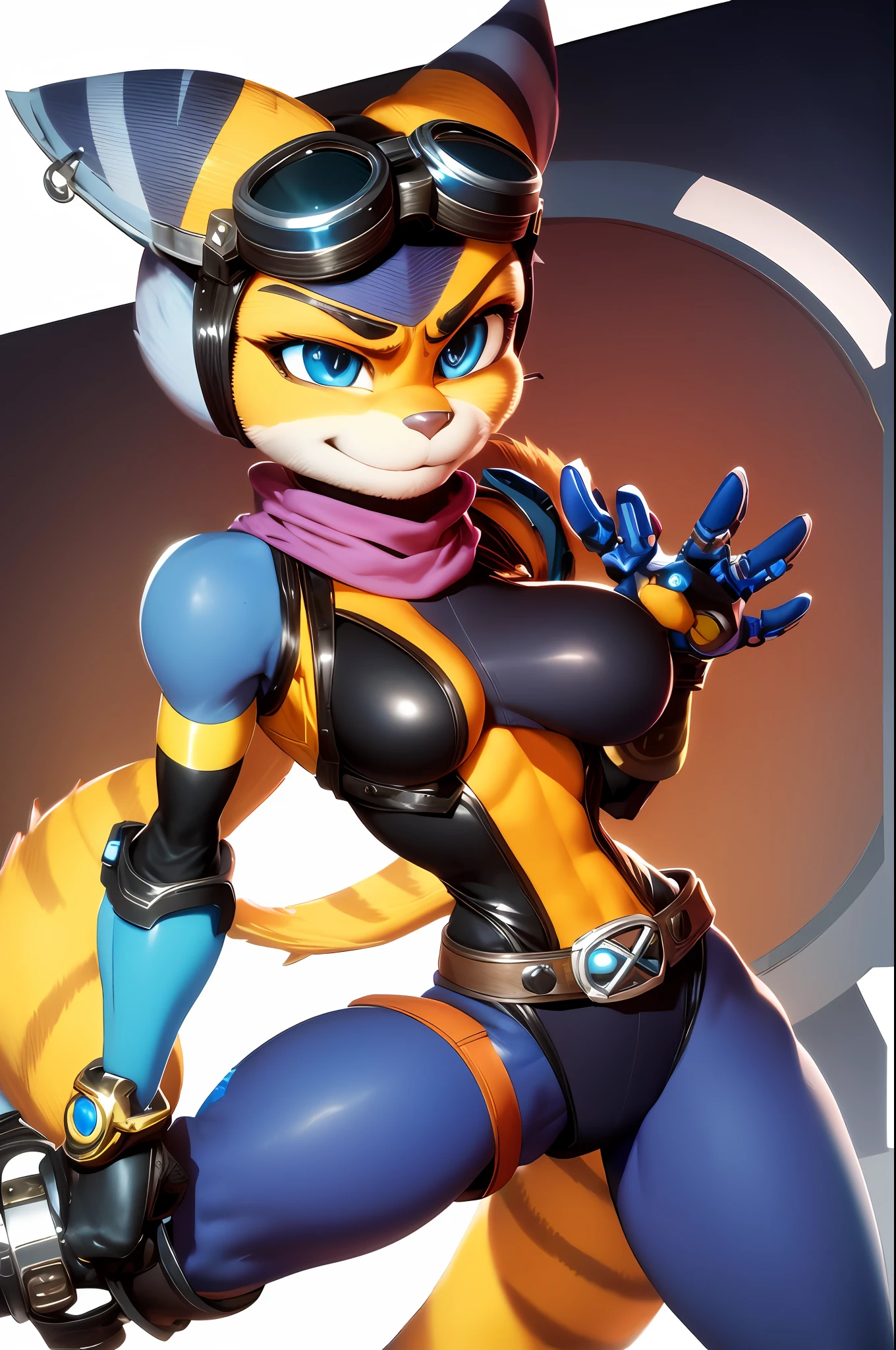 "furry rivetlombax with blue eyes and animal ears wearing earrings, goggles on head, and a scarf with mechanical arms accentuated by a bodysuit and belt, a tail, and bigger boobs without human, in the world of Ratchet and Clank."