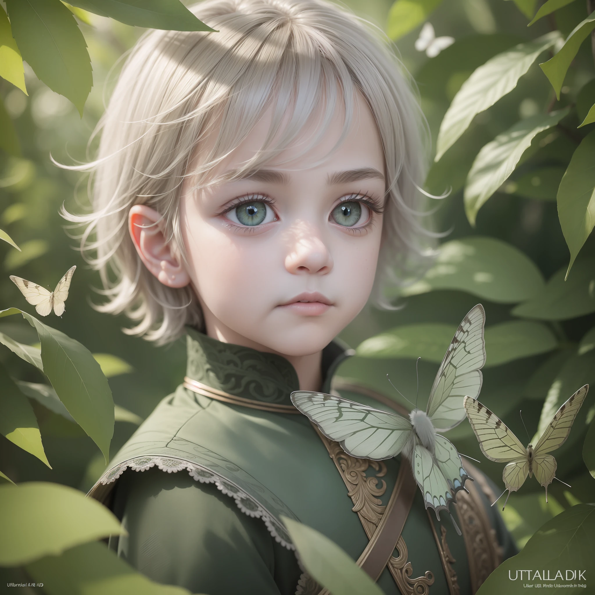 Drawing, realistic fantasy, clarity, detail 8kk, solo, portrait, (ultradetailing), boy's appearance, children's appearance, (ultradetailing), boy 2 , short light gray hair, (hair detailing), big green eyes, (fine eye detailing), thick eyelashes, (eyelash detailing), glade, white butterflies, (detailing the surrounding nature), 4k --auto --s2