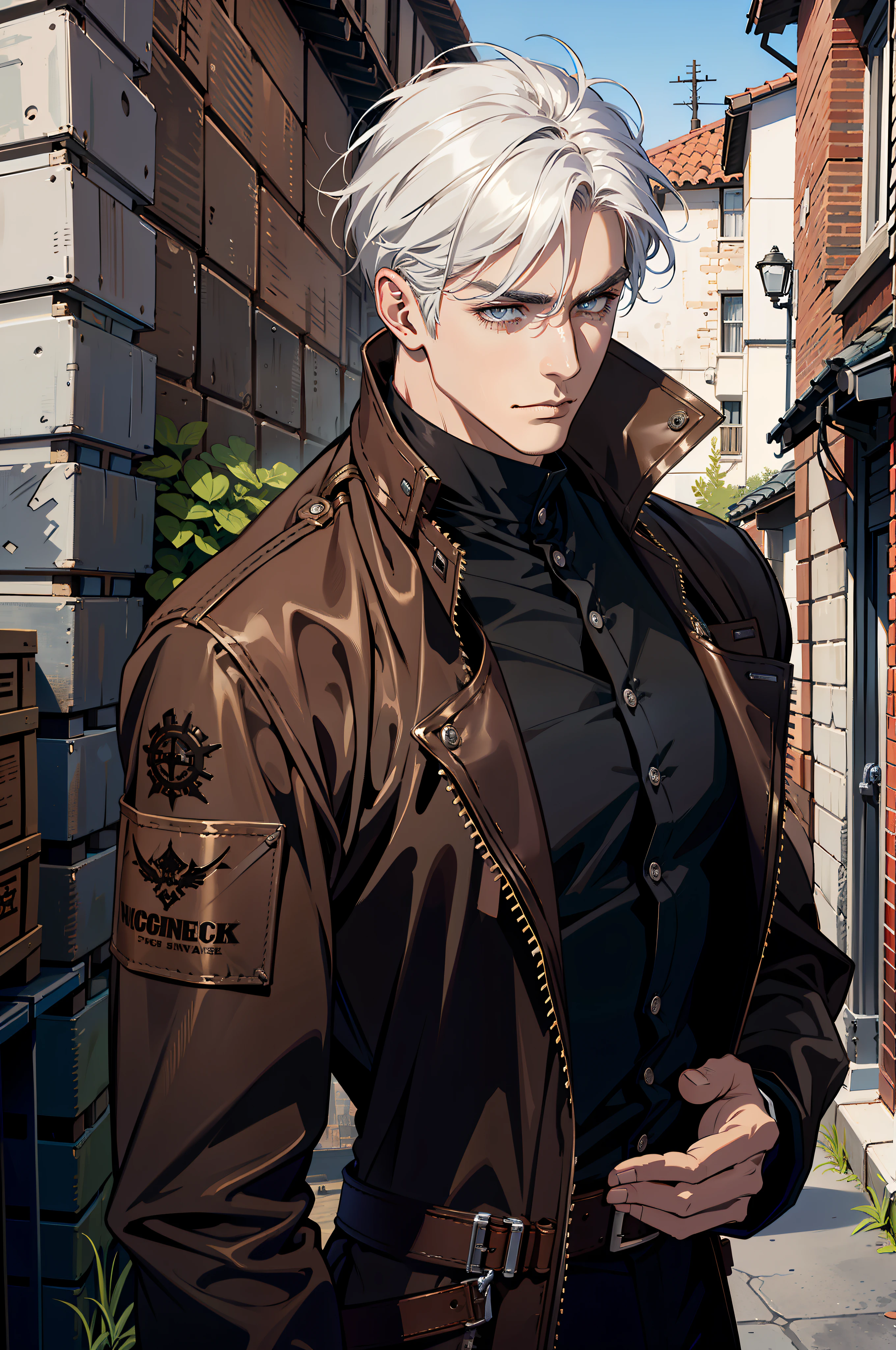 (absurd res, high res, ultra detailed), 1 male, adult, handsome, tall muscular guy, broad shoulders, white hair, finely detailed eyes, portrait, looking at viewer, solo, half shot, detailed background, detailed face, (steampunk industrial), smirk, renegade, rugged dark leather clothes, small leather pouch, high fantasy medieval setting, smuggler hideout background, stealth, undercover, (crates in background), shadows, fog, (dutch angle), closed mouth
