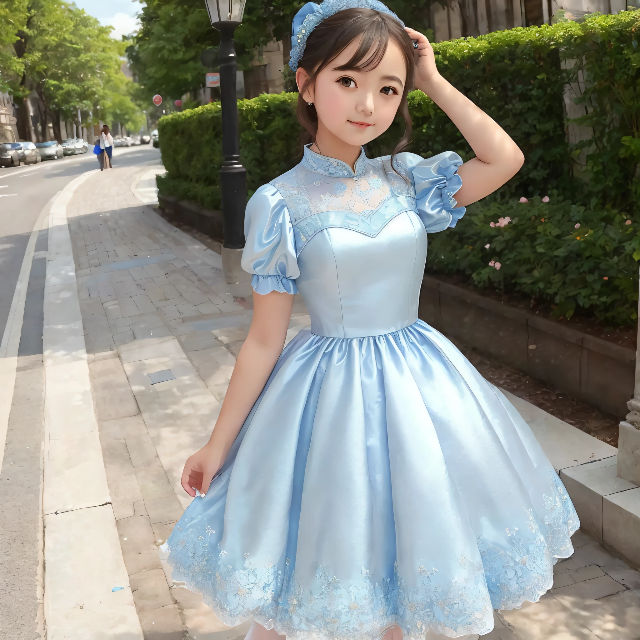 araffe girl in a blue dress posing for a picture, sky - blue dress, pale blue, fantasy dress, blue silk dress, light blue, blue dress, icey blue dress, victorian blue dress, romantic dress, cute dress, light-blue, wearing a blue qipao dress, pastel blue, wearing a plastic blue dress, loli in dress