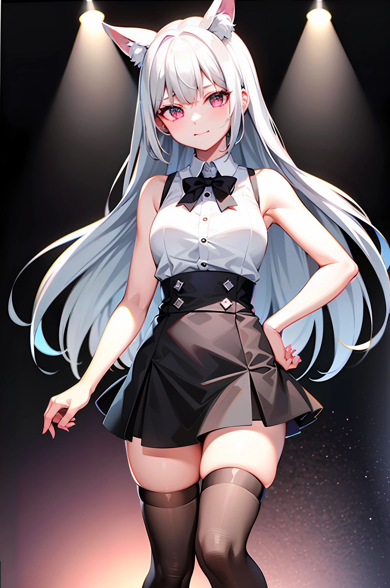 Best Quality, Ultra High Resolution, 1girl, sleeveless white button-down shirt, black miniskirt, black collar, cute, (Kpop idol), (aegyo sal:1), (platinum blonde: 1), (puffy eyes)), looks in front of the audience, full body, facing forward, long black hair, white stockings, sitting on bed