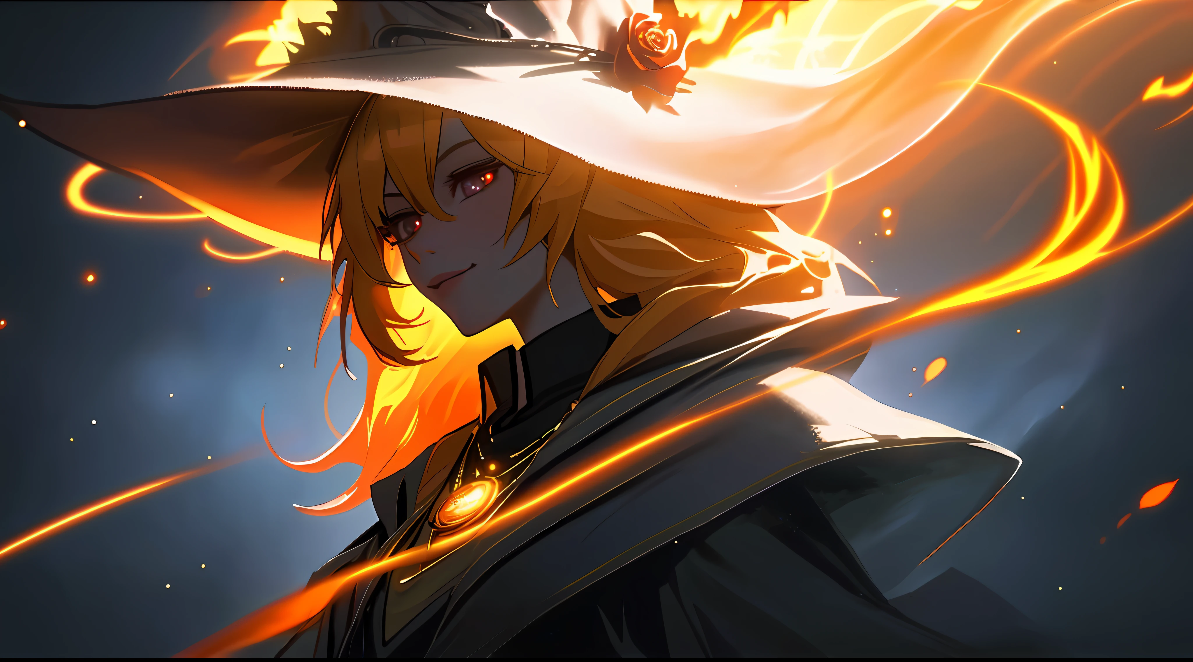 (extremely detailed CG unity 8k wallpaper, masterpiece, best quality, ultra-detailed), (an enchanting and captivating girl with a majestic witch hat, adorned with resplendent golden hair and a bewitching red rose), looking at viewer, (upper body:1.3), (dynamic angle, dazzling eyes, exquisite necklace, enchanting smile), (a background of magic and mystery, fireflies, glowing particles, ethereal mist, and a touch of darkness), high saturation, cinematic light, rim lighting, best shadow