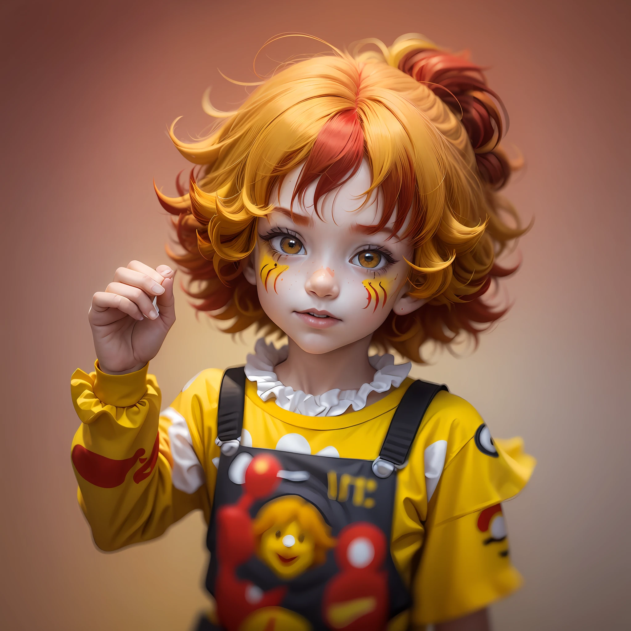 arafed child wearing a wig with yellow and red hair, red yellow, red and yellow, some red and yellow, clown girl, yellow and red, red ronald mcdonald messy hair, red-yellow colors, red+yellow colours, soy fan de quino, by Nándor Katona, wearing red and yellow clothes, red ronald mcdonald hair --auto --s2